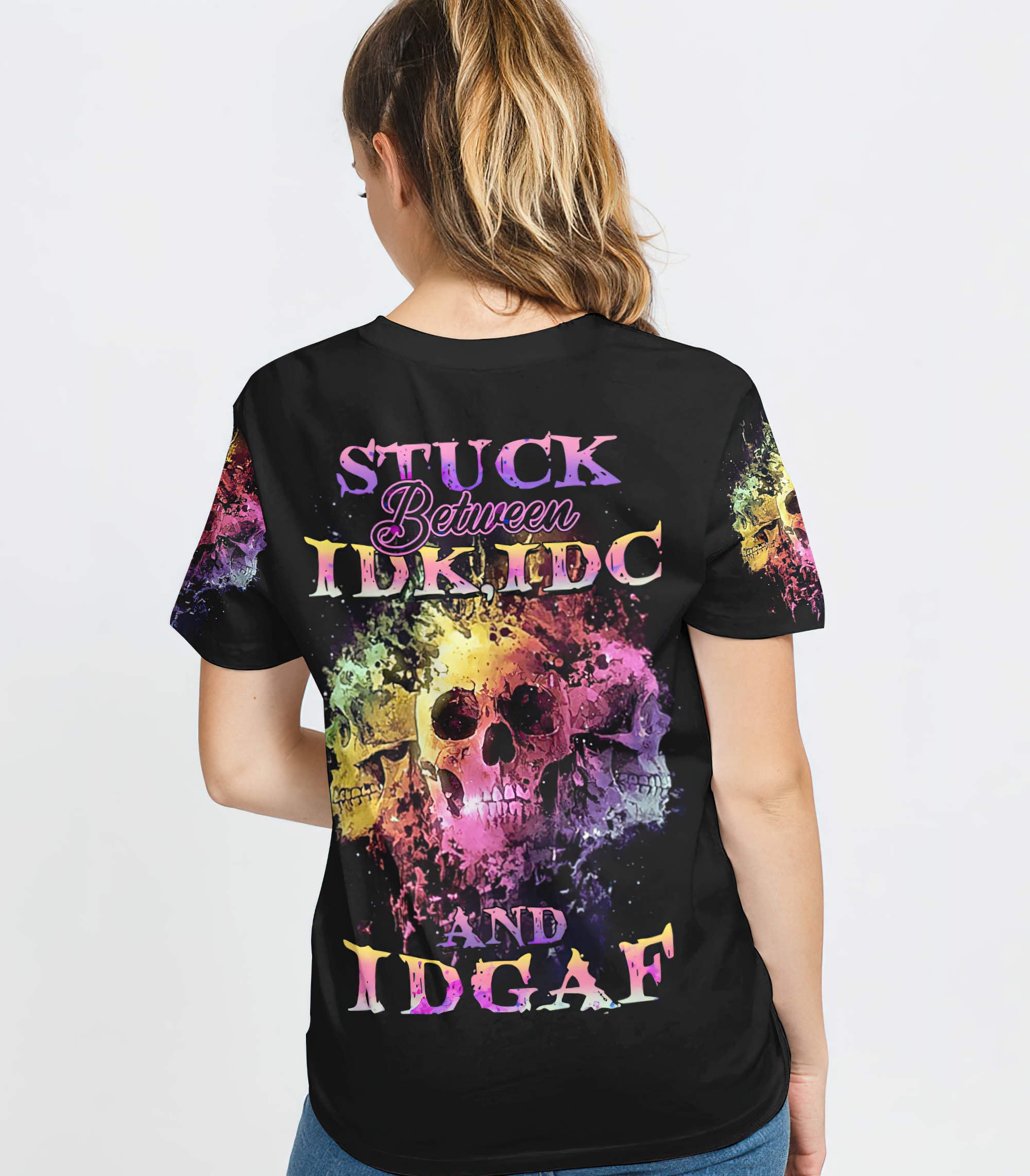 Stuck Between Idk Idc And Idgaf Skull All Over Print 3 T Shirt