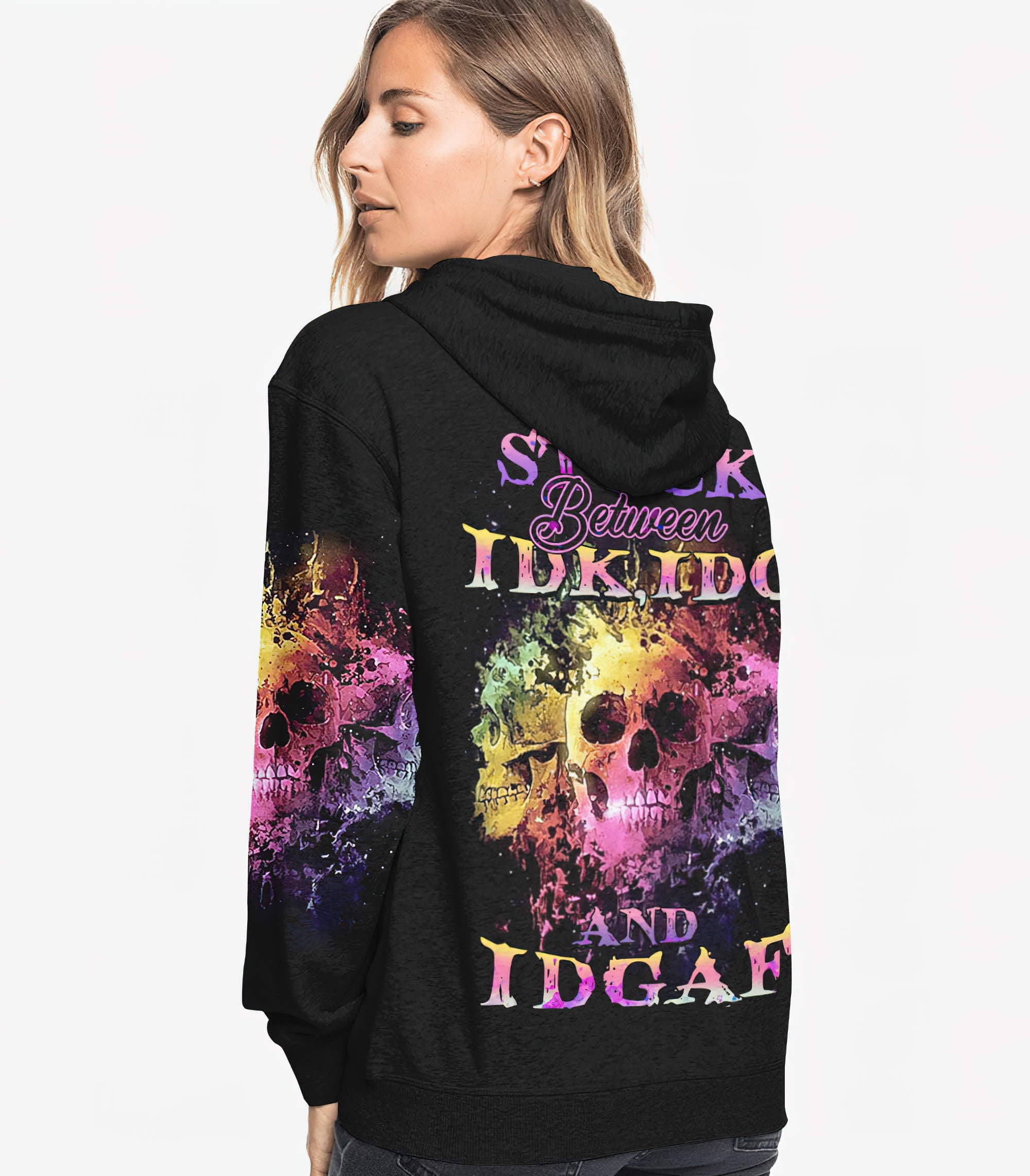 Stuck Between Idk Idc And Idgaf Skull All Over Print 3 Hoodie