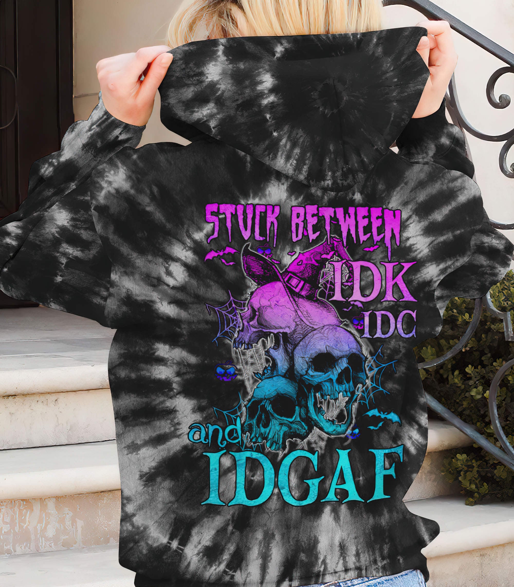 Stuck Between Idk Idc And Idgaf Skull All Over Print 1 Hoodie