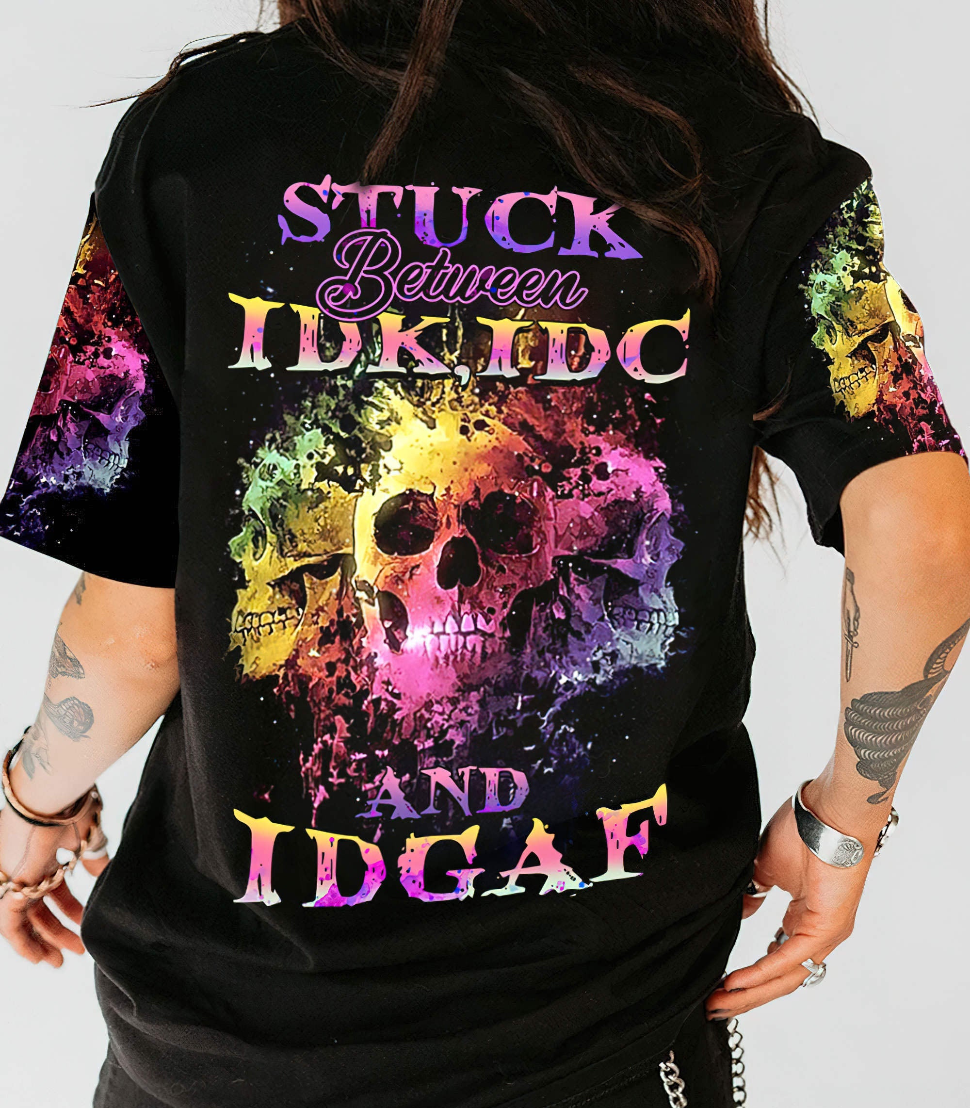 Stuck Between Idk Idc And Idgaf Skull All Over Print 3 T Shirt