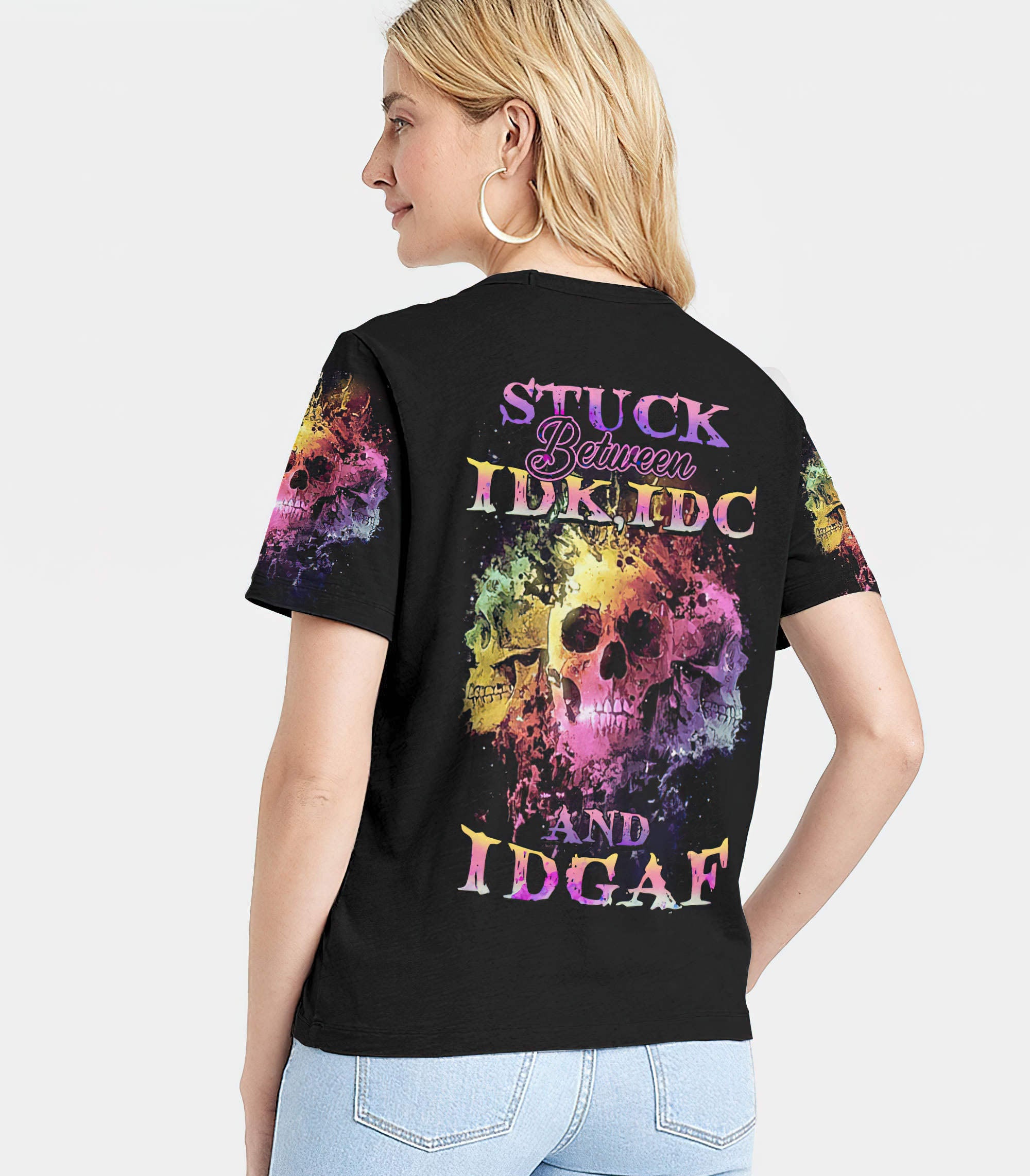 Stuck Between Idk Idc And Idgaf Skull All Over Print 3 Women V-Neck T Shirt