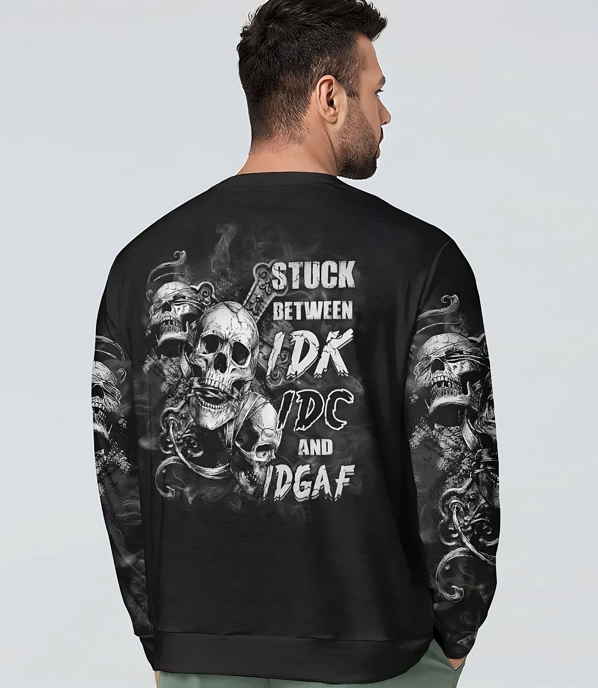 Stuck Between Idk Idc And Idgaf Skull All Over Print 4 Sweatshirt