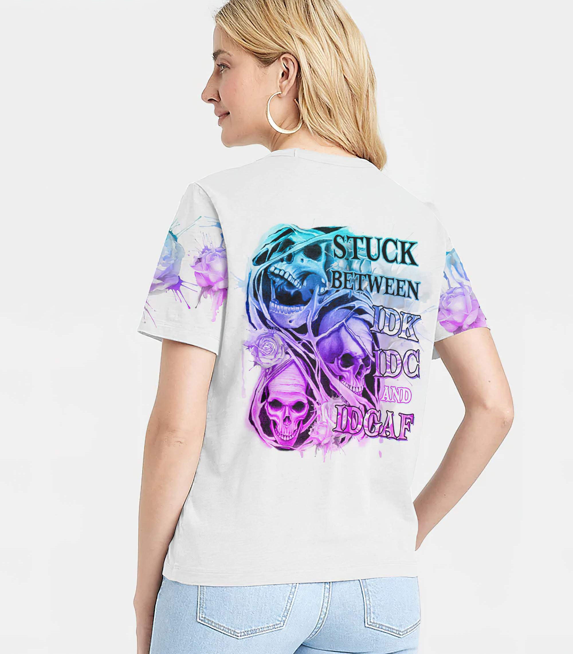 Stuck Between Idk Idc And Idgaf Skull All Over Print 2 Women V-Neck T Shirt