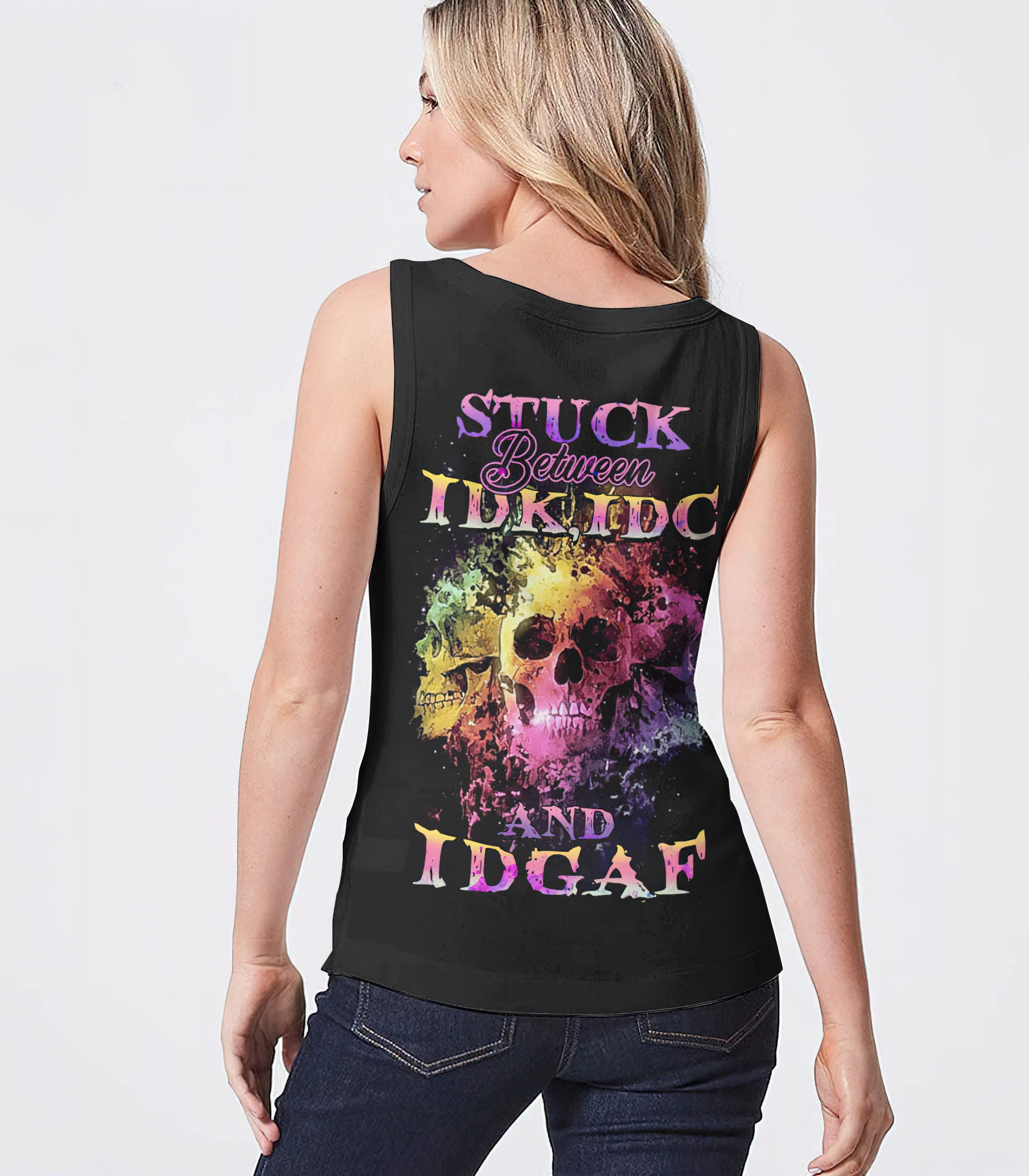 Stuck Between Idk Idc And Idgaf Skull All Over Print 3 Tank Top