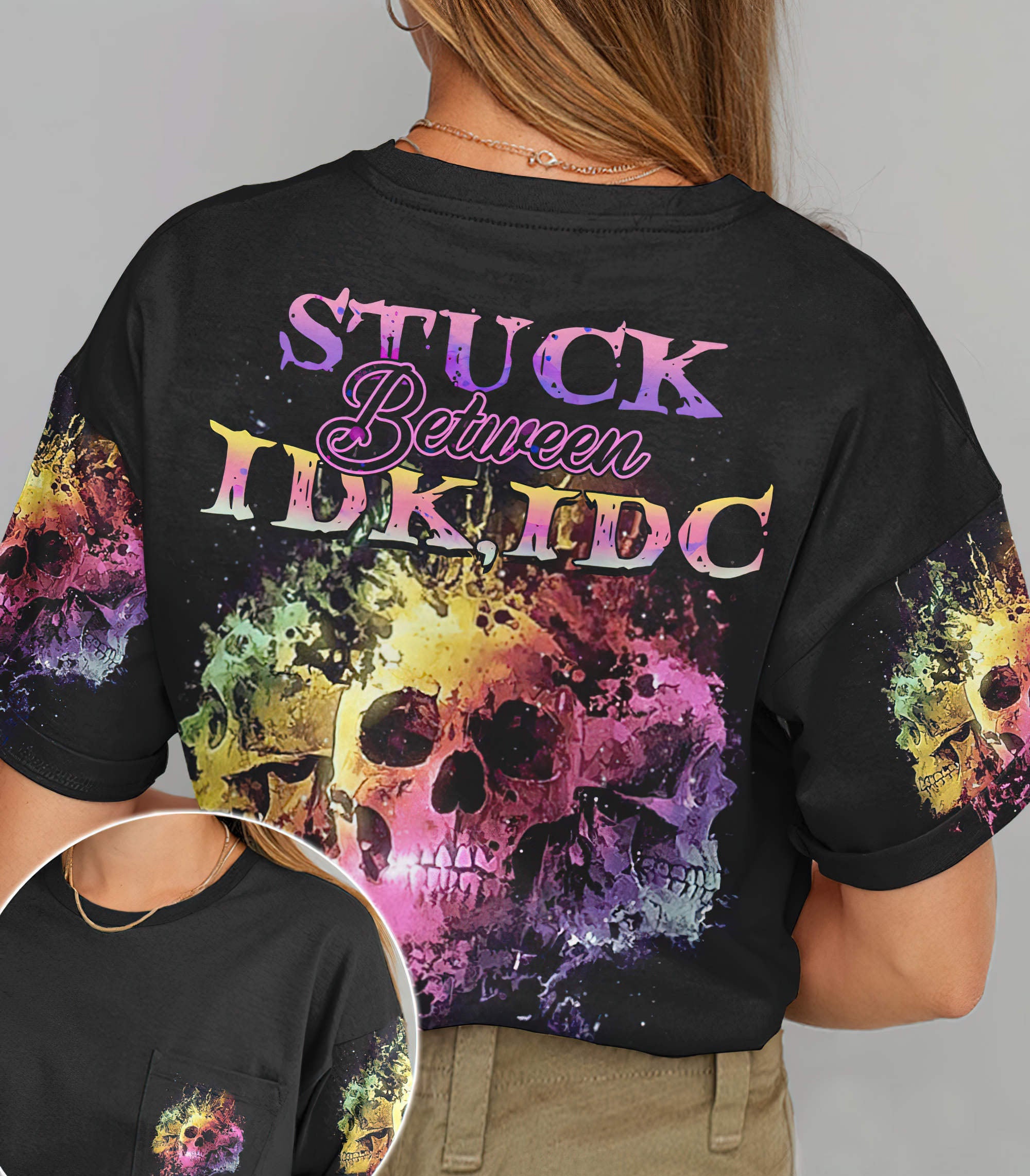 Stuck Between Idk Idc And Idgaf Skull All Over Print 3 T Shirt