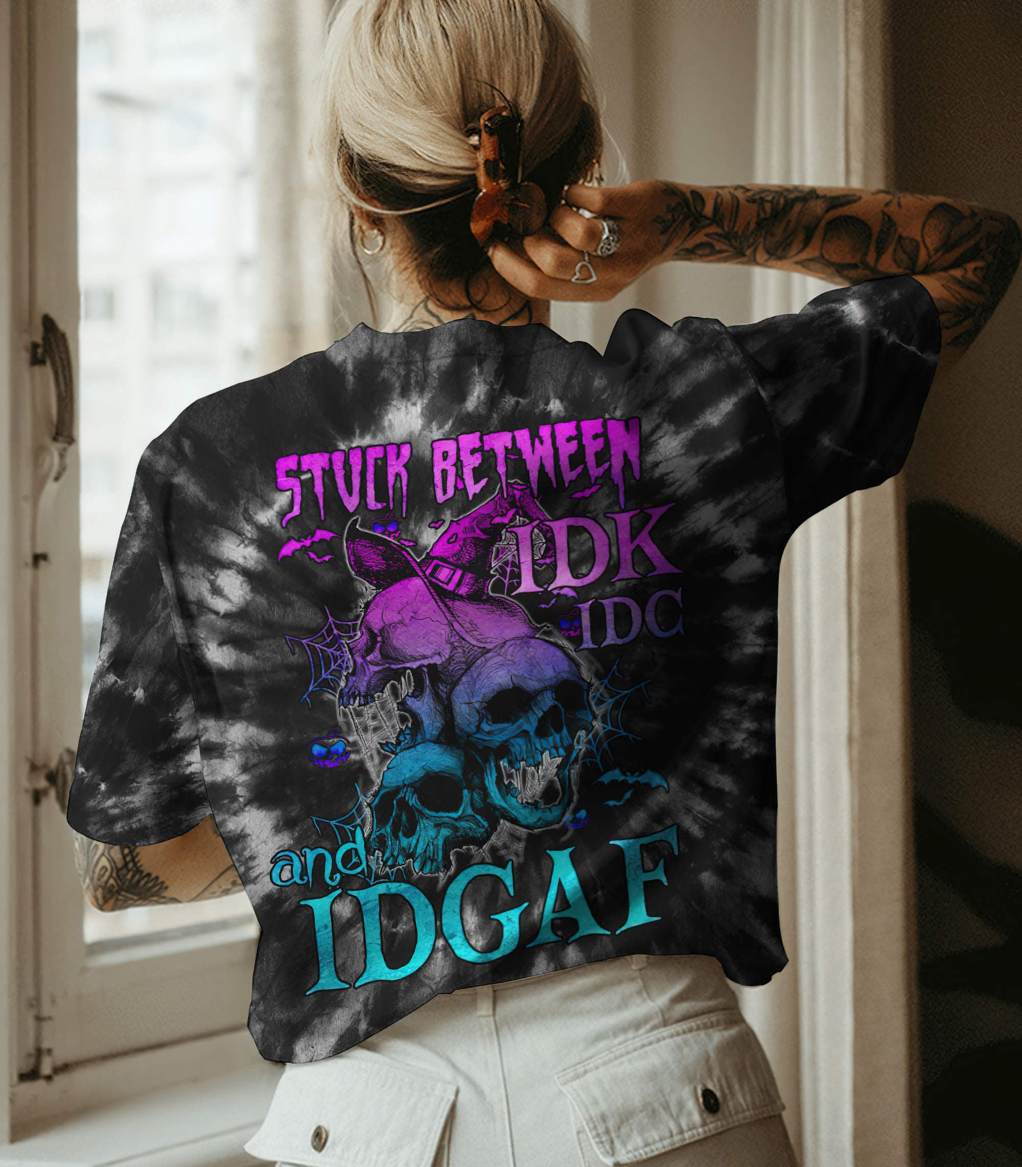 Stuck Between Idk Idc And Idgaf Skull All Over Print 1 T Shirt