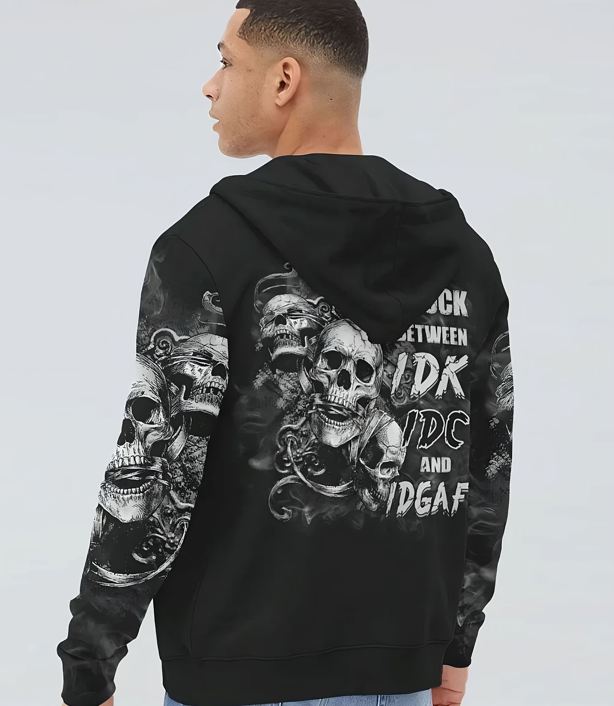 Stuck Between Idk Idc And Idgaf Skull All Over Print 4 Hoodie