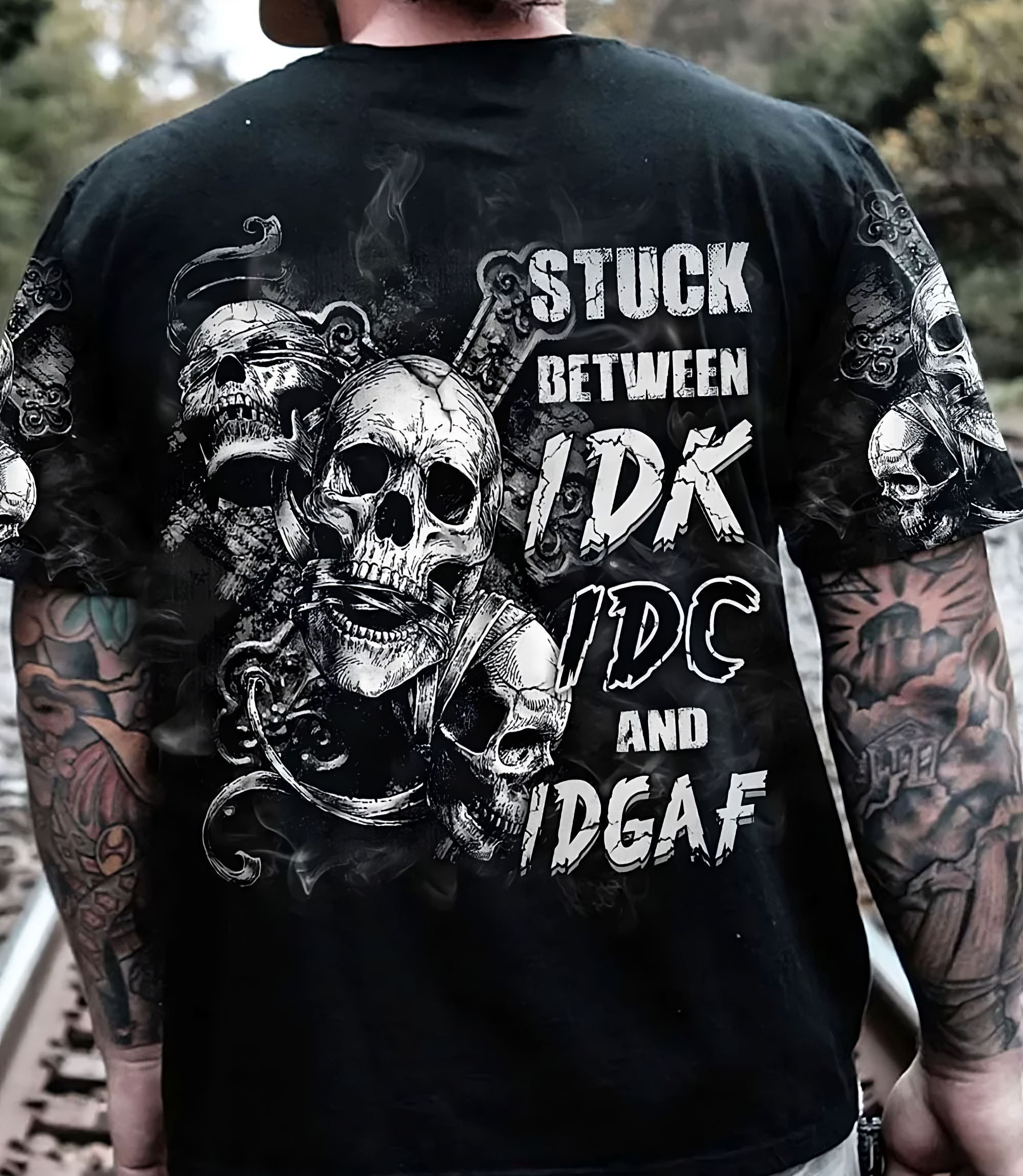 Stuck Between Idk Idc And Idgaf Skull All Over Print 4 T Shirt