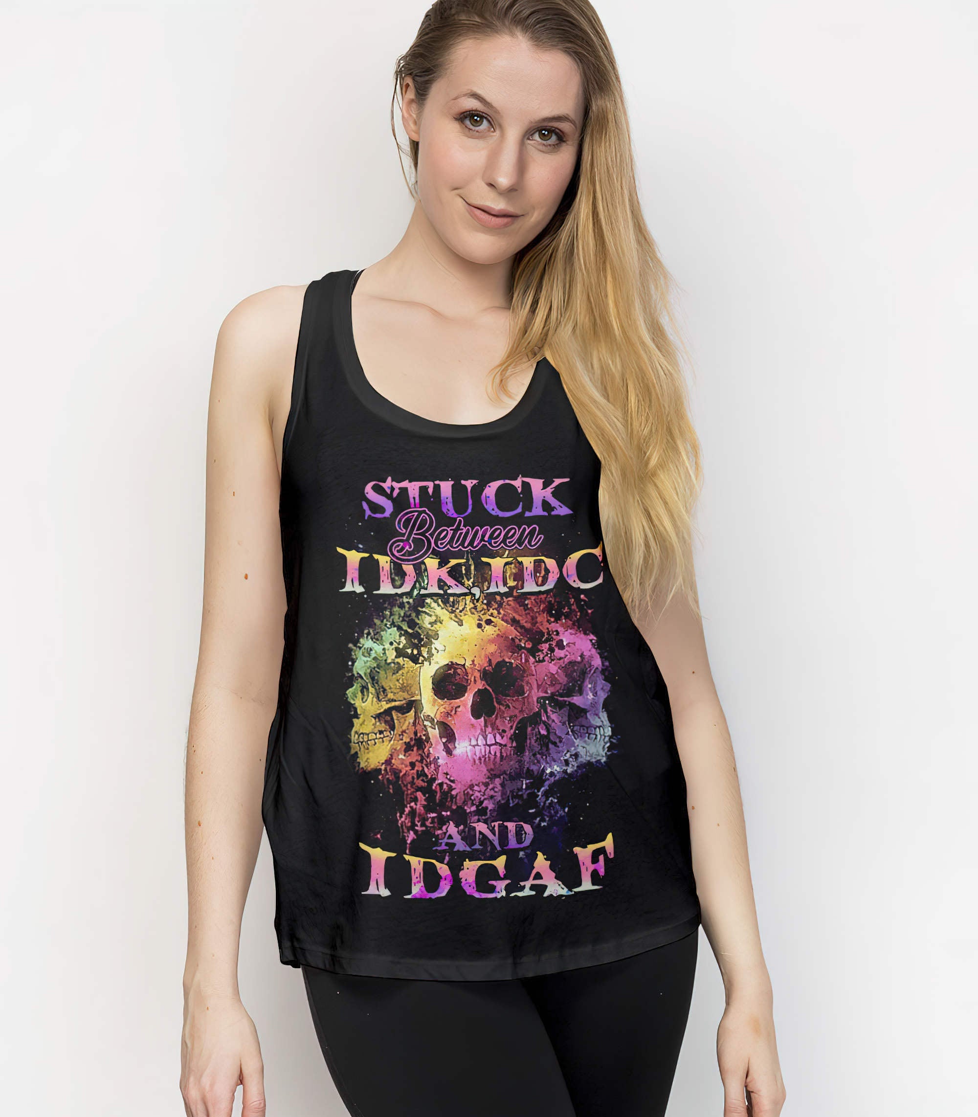 Stuck Between Idk Idc And Idgaf Skull All Over Print 3 Tank Top