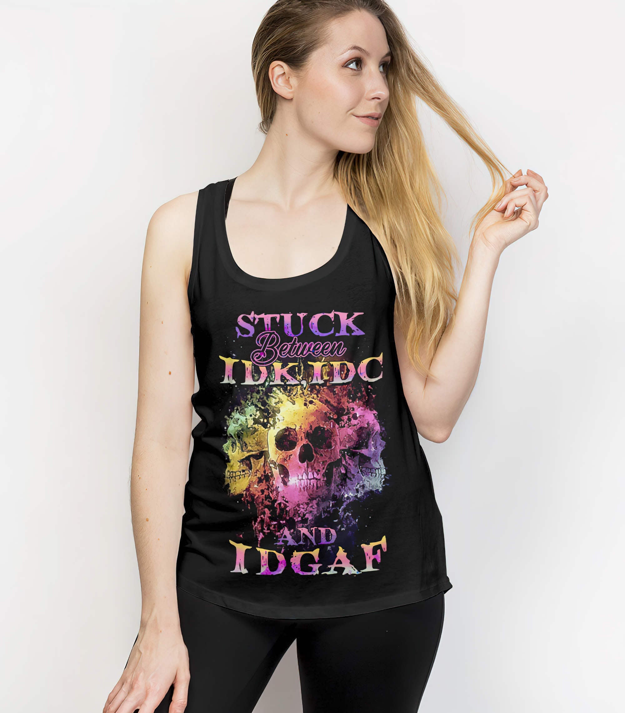 Stuck Between Idk Idc And Idgaf Skull All Over Print 3 Tank Top