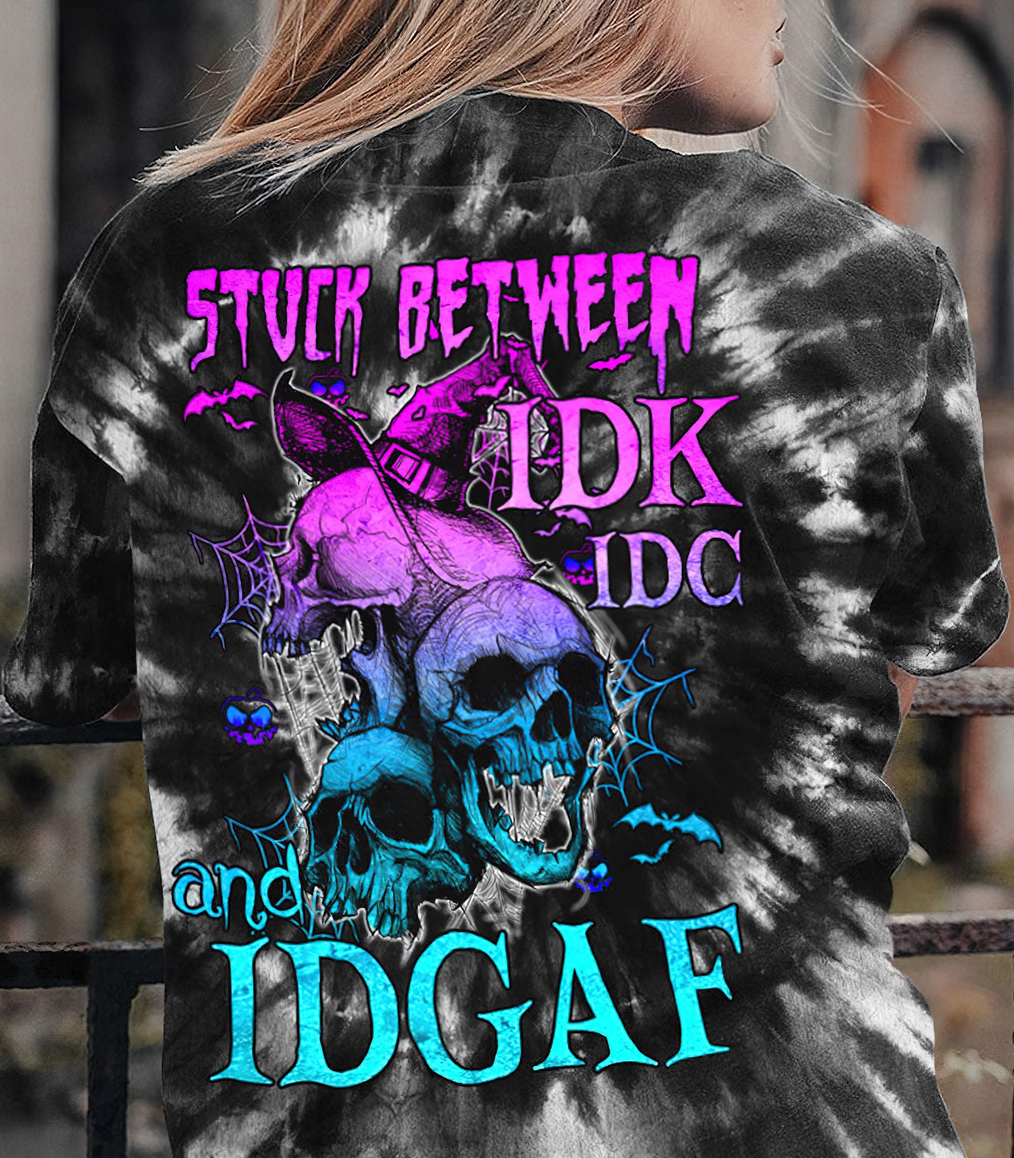 Stuck Between Idk Idc And Idgaf Skull All Over Print 1 T Shirt