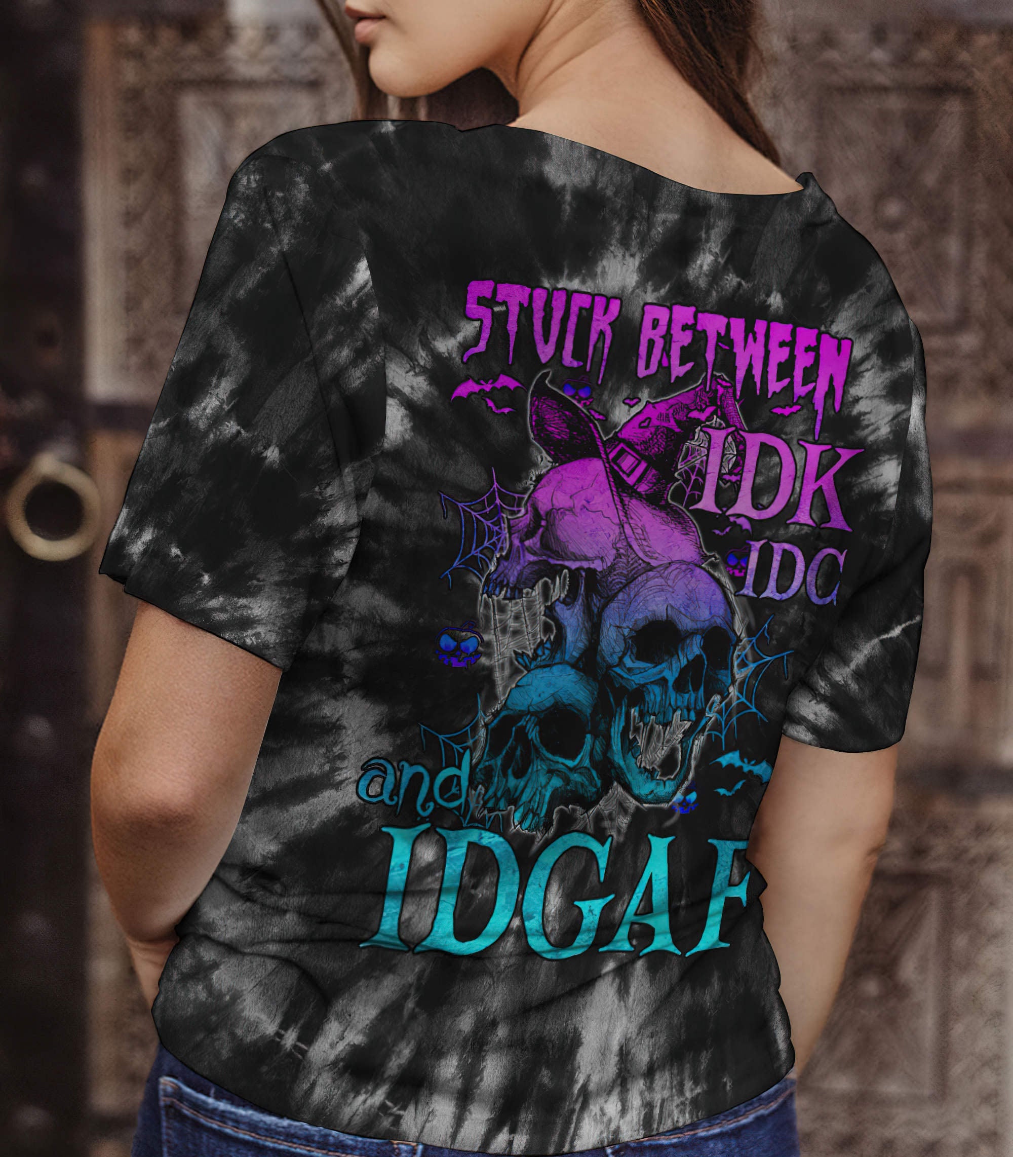 Stuck Between Idk Idc And Idgaf Skull All Over Print 1 Women V-Neck T Shirt