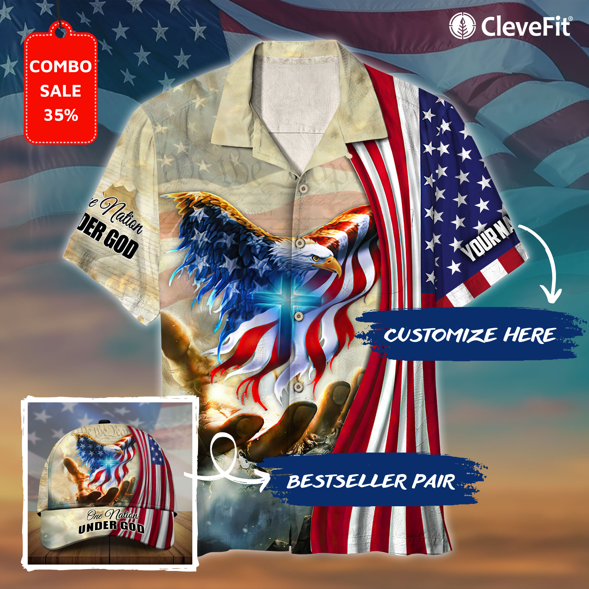 Premium Unique Eagle One Nation Under God 3D Clothing Personalized Combo Hawaiian Shirt And Cap