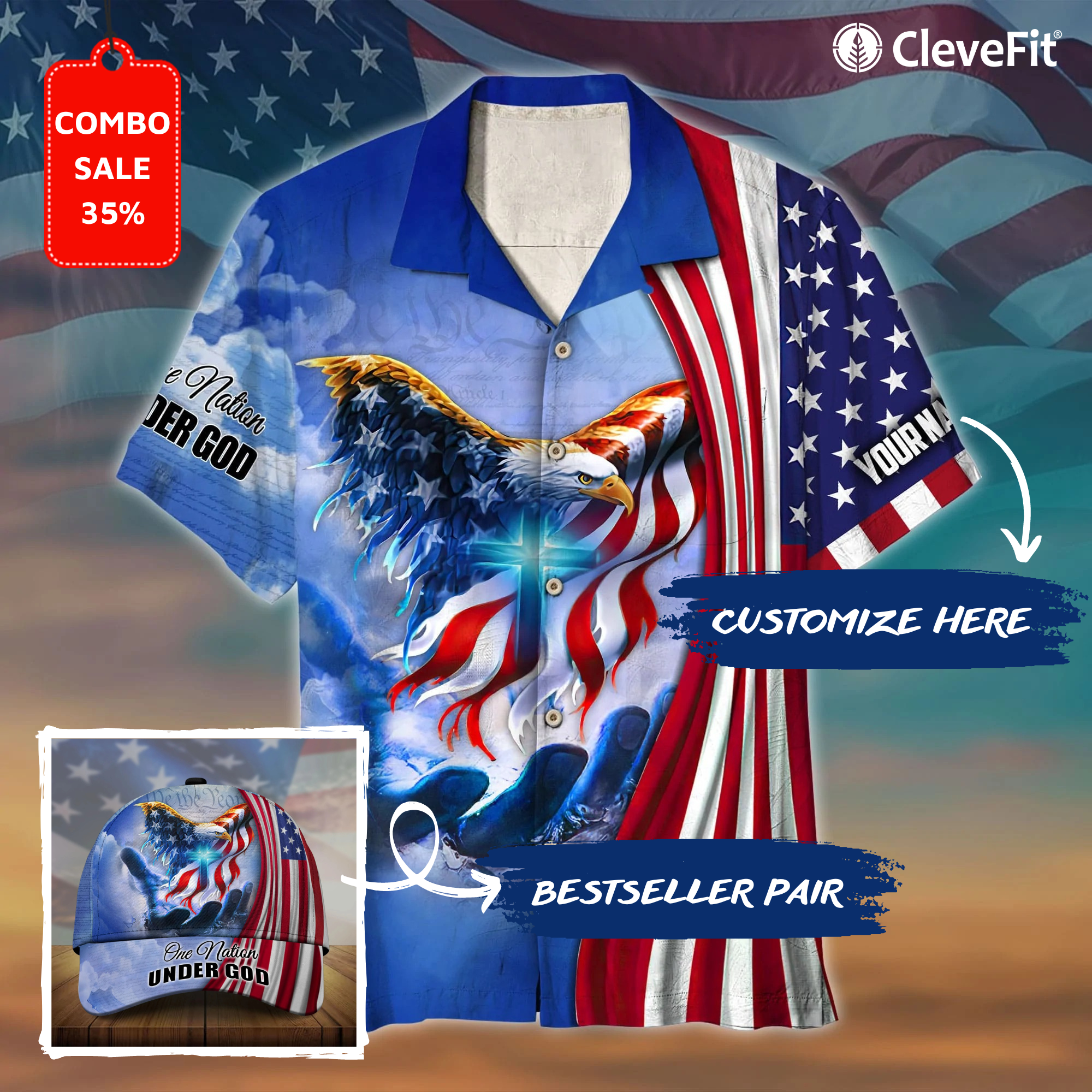 Premium Unique Eagle One Nation Under God 3D Clothing Personalized Combo Hawaiian Shirt And Cap