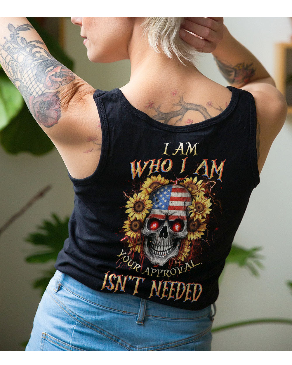 I Am Who I Am Skull Flowers Black Tank Top