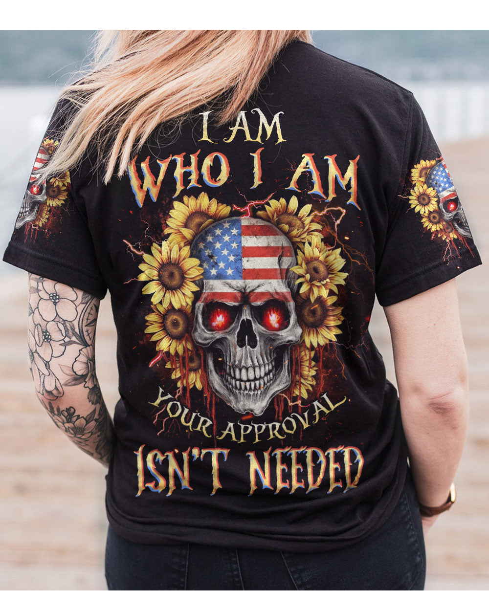 I Am Who I Am Skull Flowers Black T Shirt