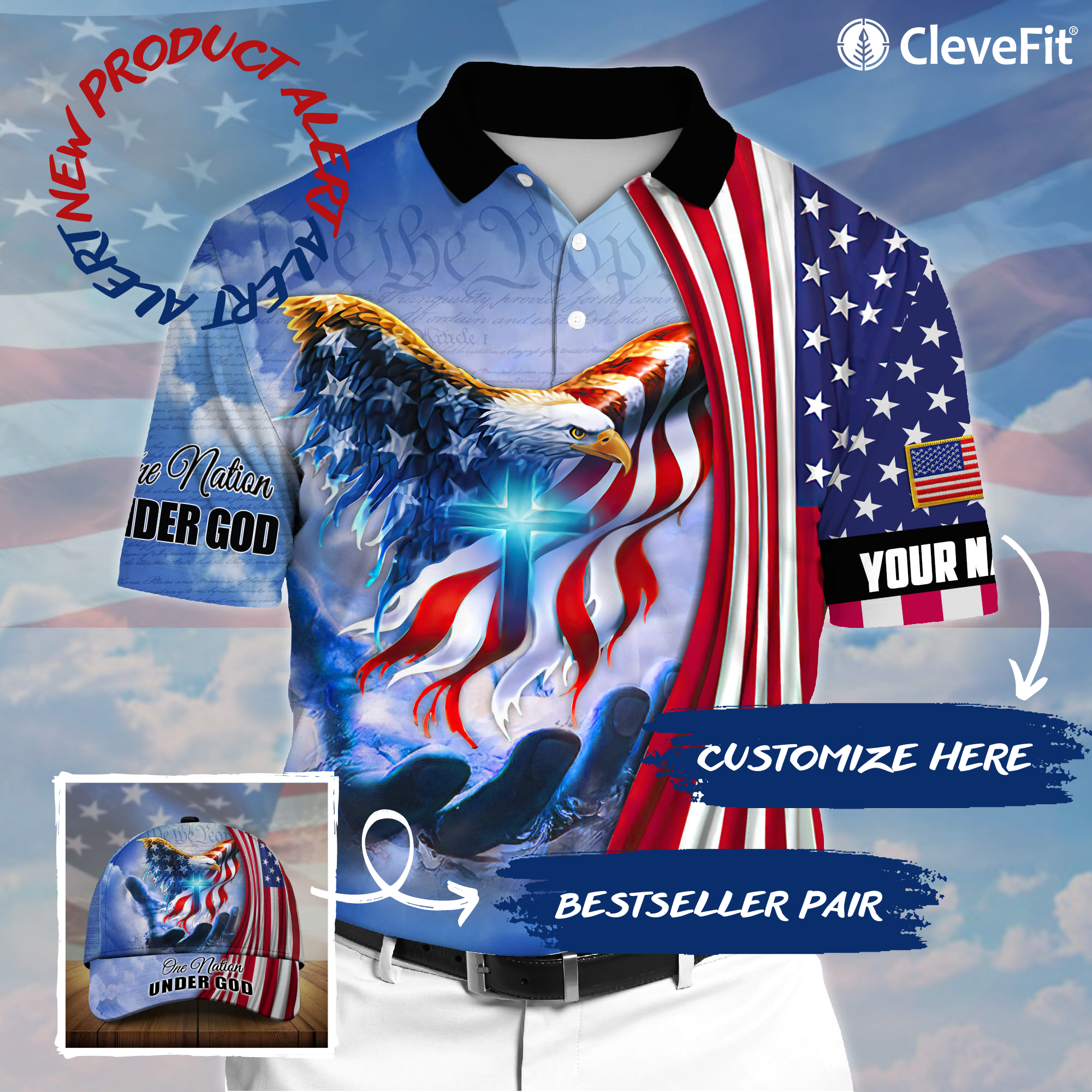 Premium Eagle One Nation Under God 3D Clothing Personalized Combo Polo Shirt And Cap