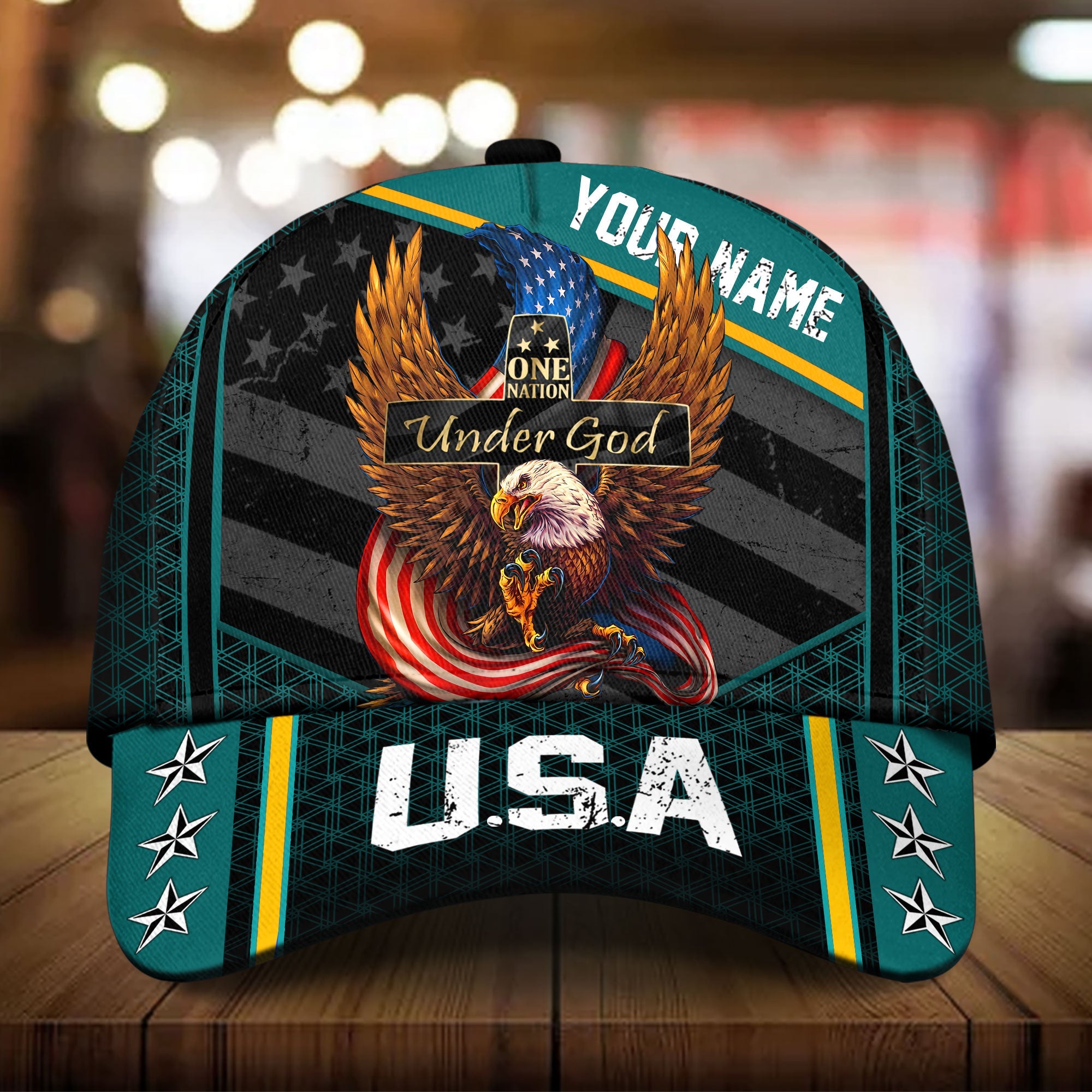 Personalized US Eagle Patriotic Hats, One Nation Under God Multicolor Cap