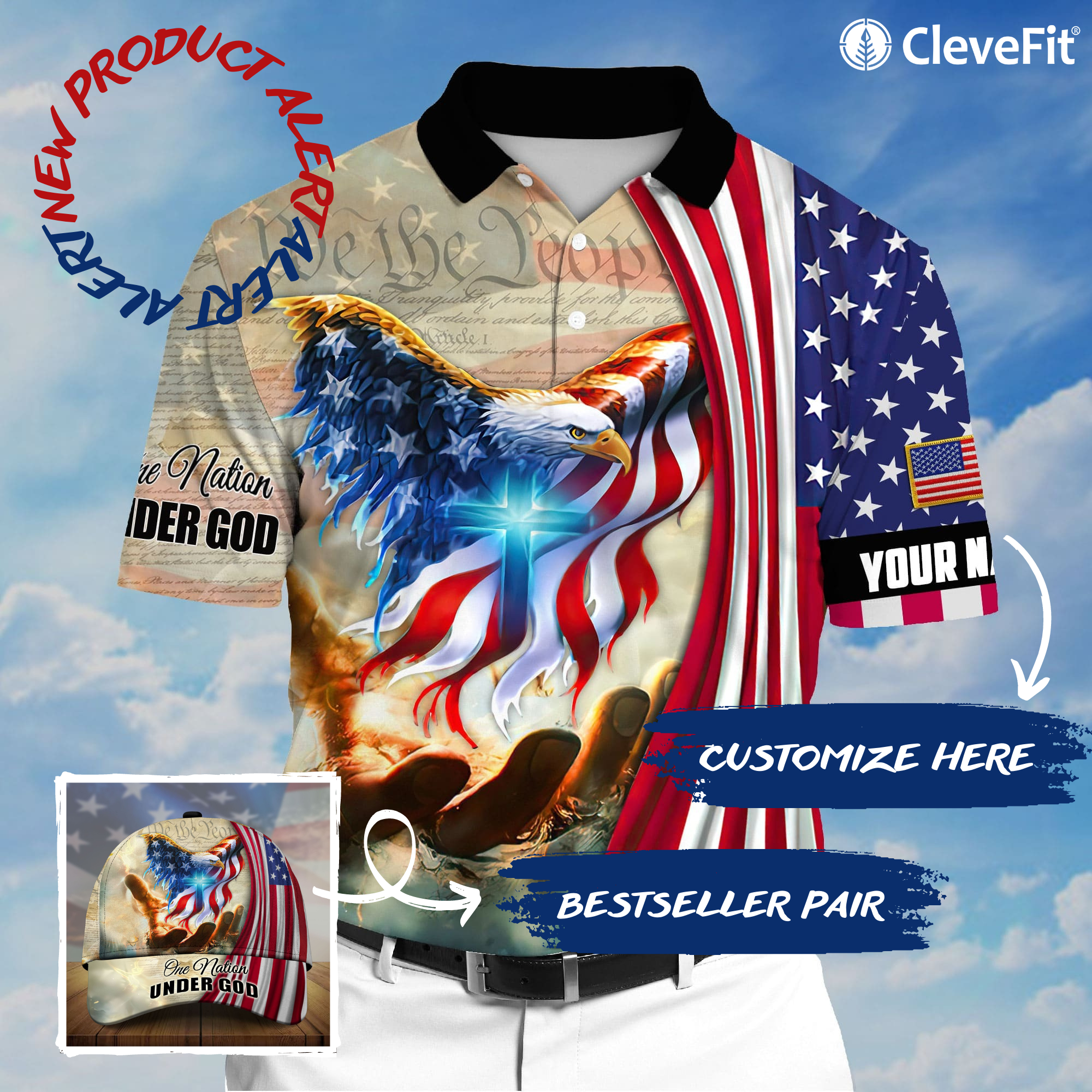 Premium Eagle One Nation Under God 3D Clothing Personalized Combo Polo Shirt And Cap