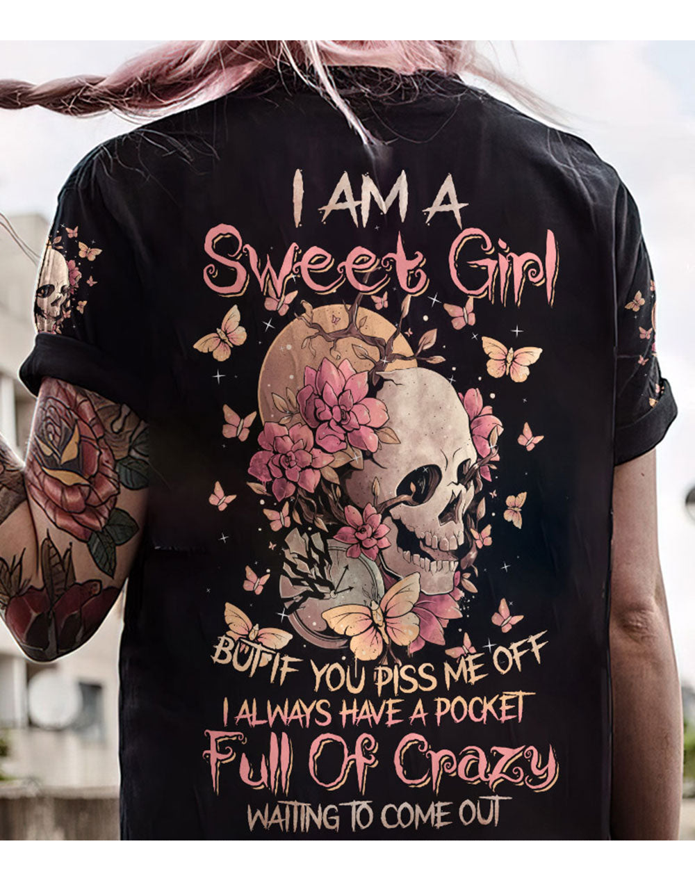 I Am A Sweet Girl Flower Skull Black T Shirt