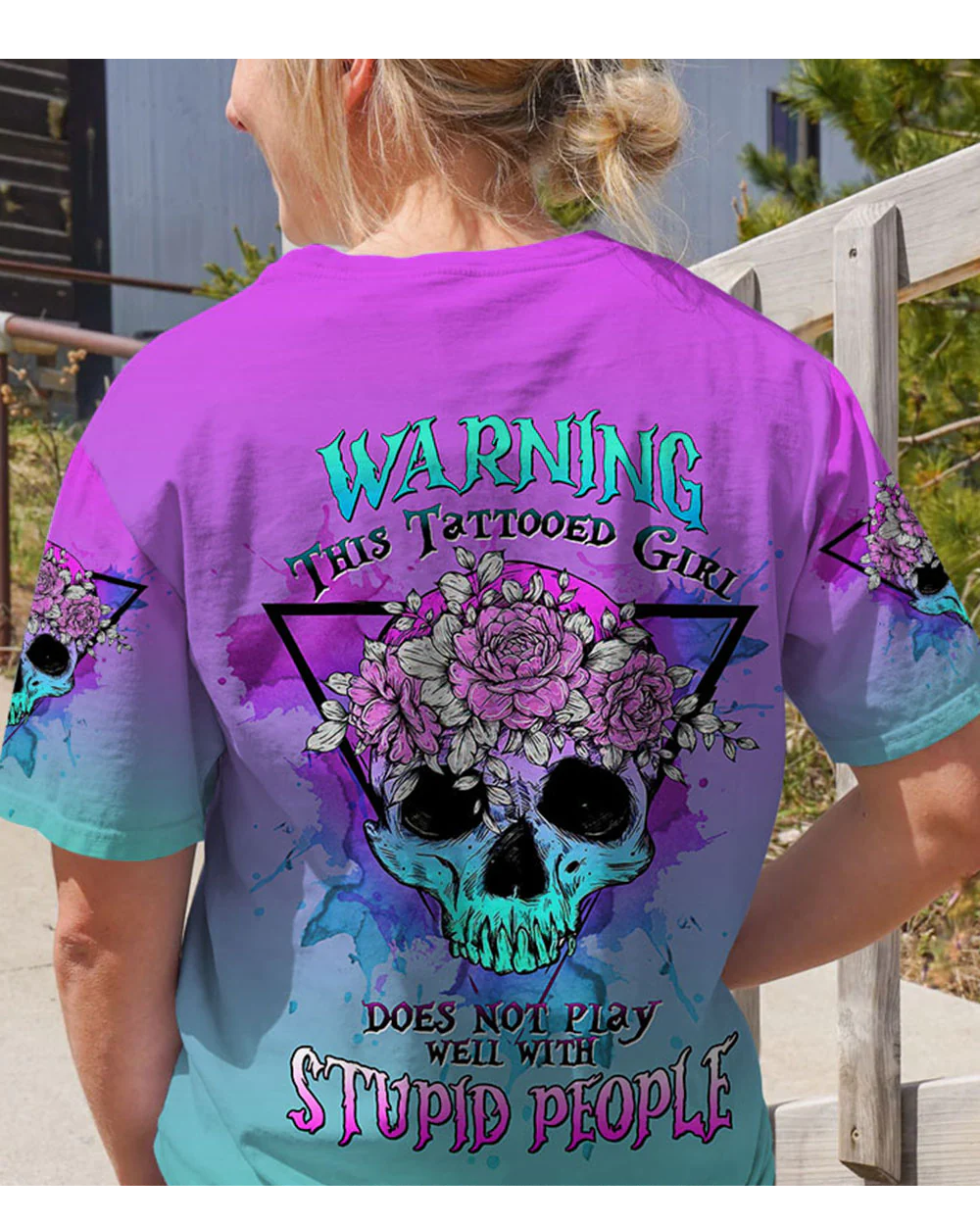 Warning This Tattooed Girl Floral Skull T Shirt