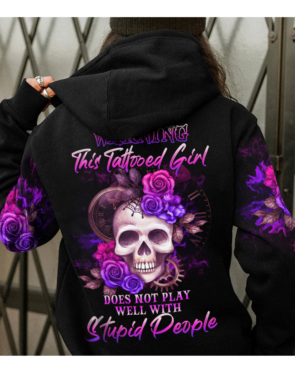 Warning This Tattooed Girl Skull Flowers Black Hoodie