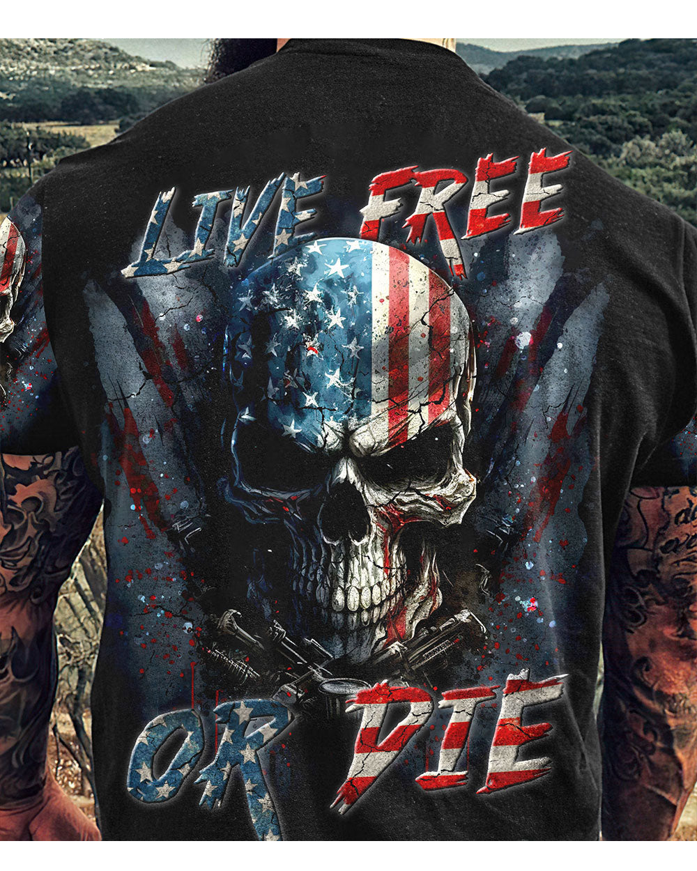 Live Free Or Die Skull USA Flag Color T Shirt