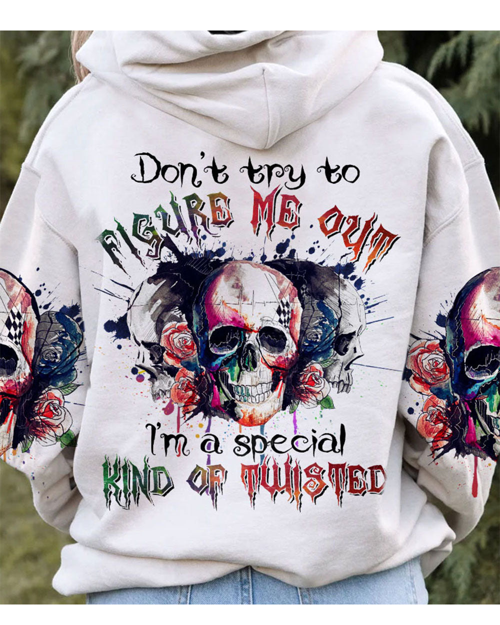 Don't Try To Figure Me Out Watercolor Skull Hoodie