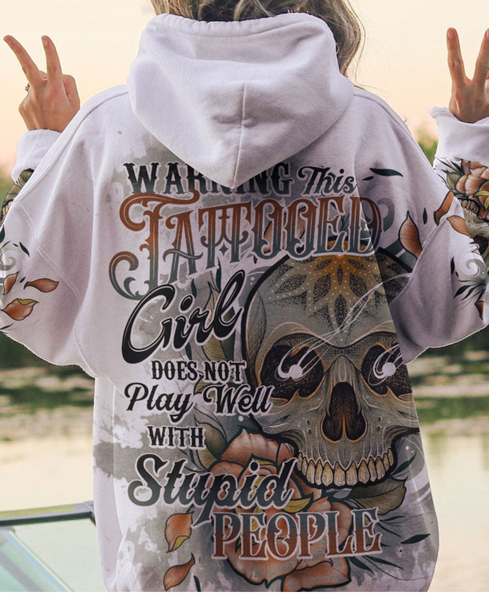 Warning This Tattooed Girl Flower Skull White Hoodie