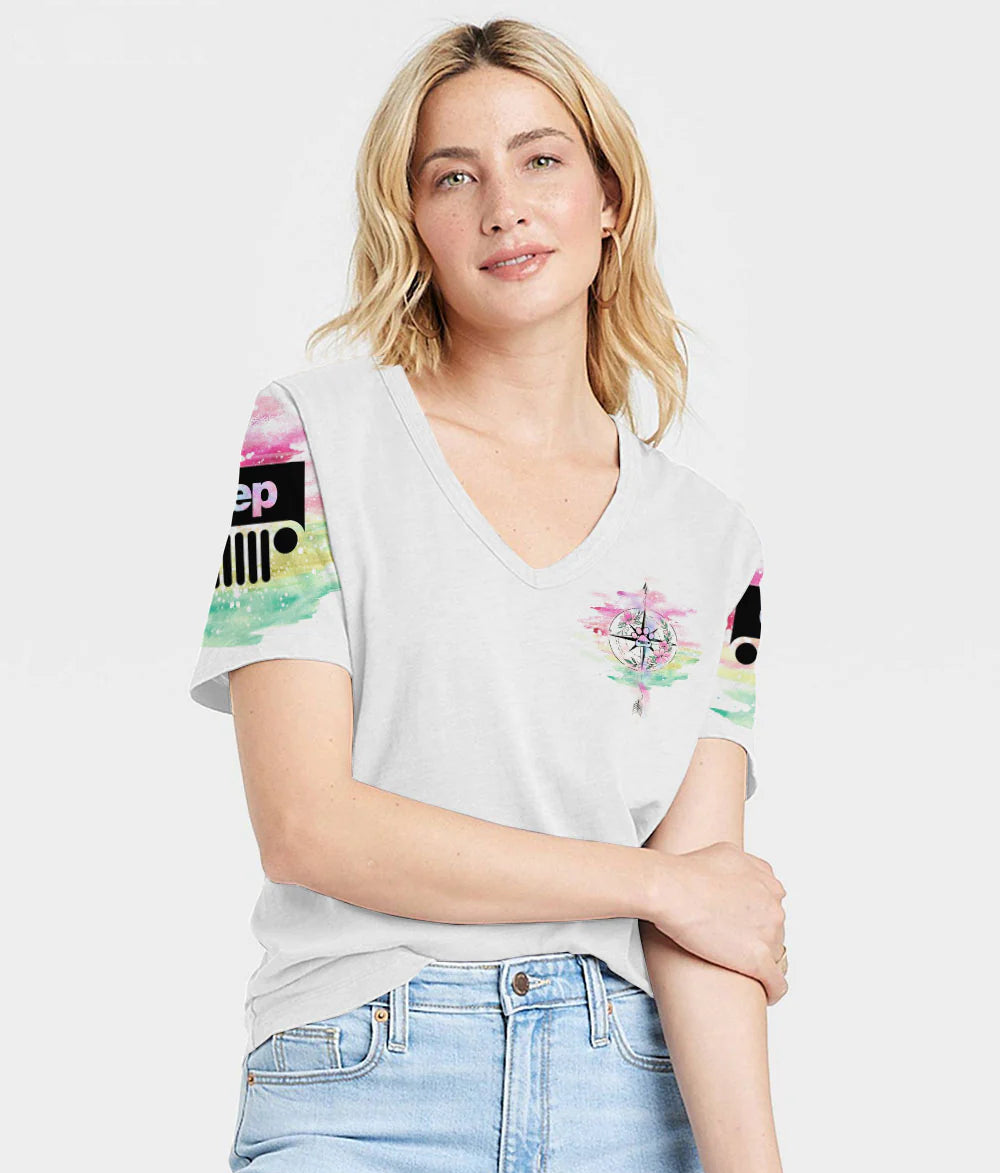 dog-paw-jeep-life-flower-women-v-neck-t-shirt