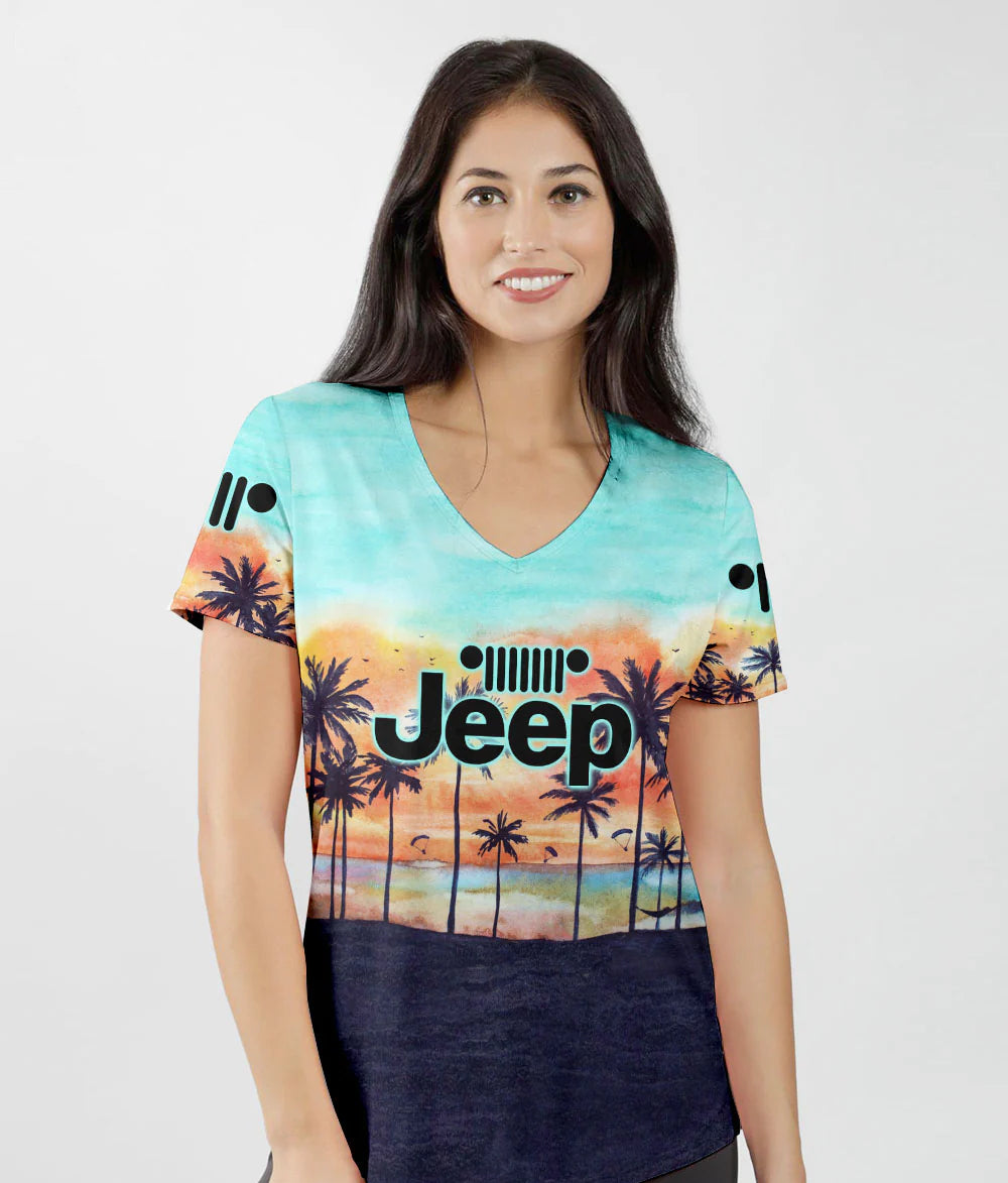 just-a-girl-who-loves-jeeps-and-dogs-beach-painting-women-v-neck-t-shirt