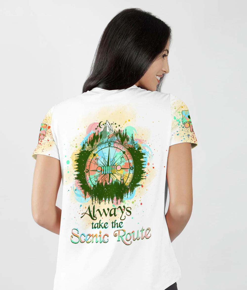 always-take-the-scenic-route-compass-colorful-women-v-neck-t-shirt