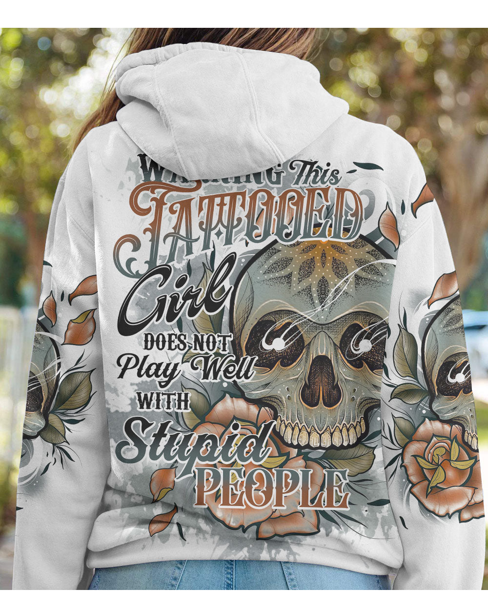 Warning This Tattooed Girl Flower Skull White Hoodie