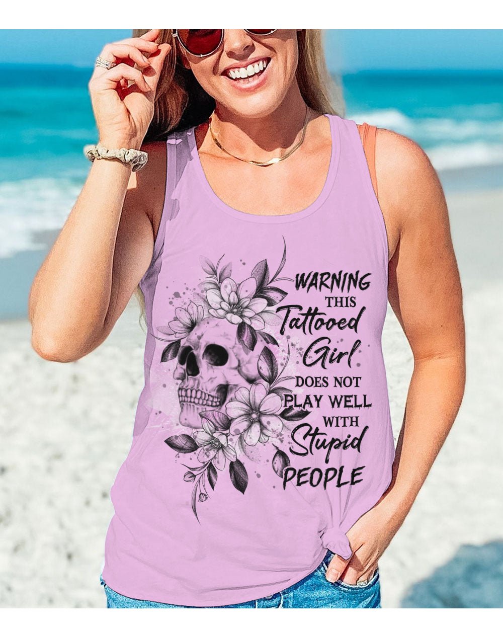 Warning This Tattooed Girl Skull All Over Print 3 Tank Top