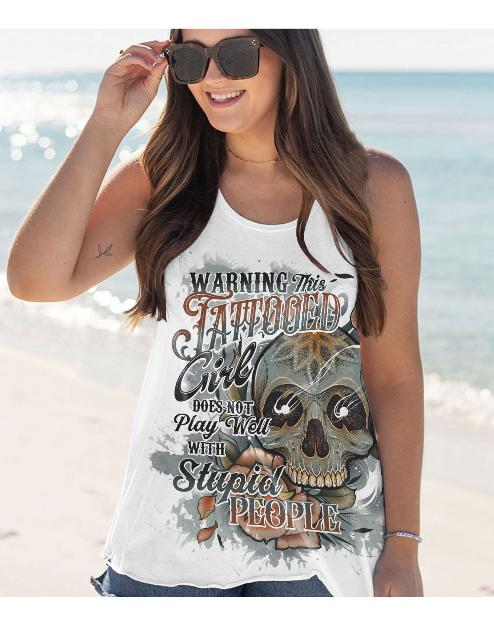 Warning This Tattooed Girl Flower Skull White Pink Tank Top