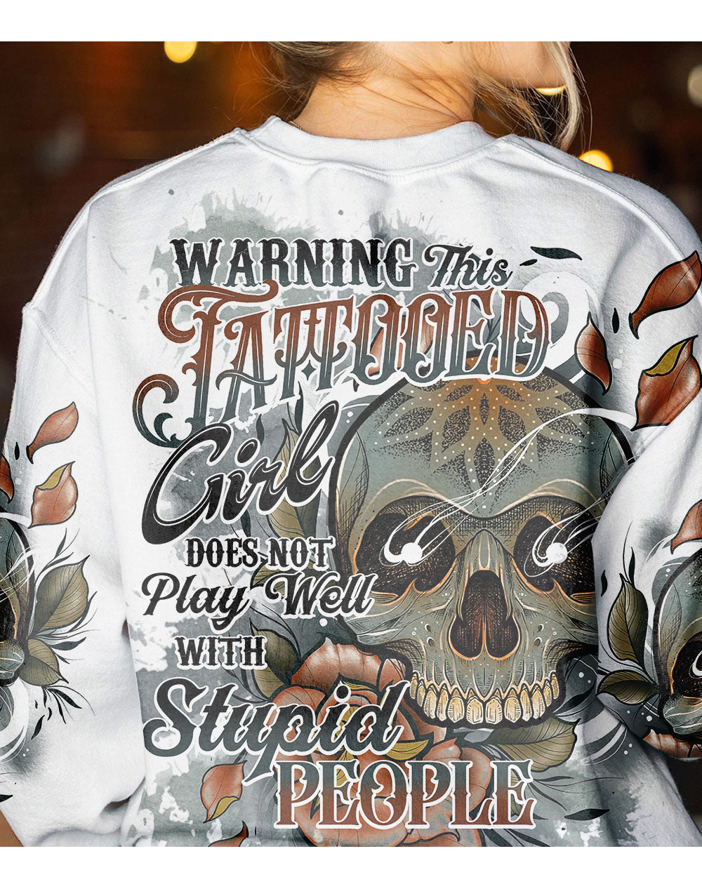 Warning This Tattooed Girl Flower Skull White All Over Print Sweatshirt