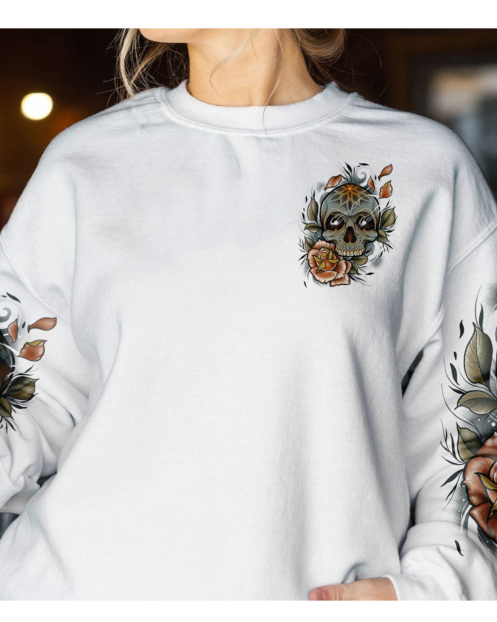 Warning This Tattooed Girl Flower Skull White All Over Print Sweatshirt