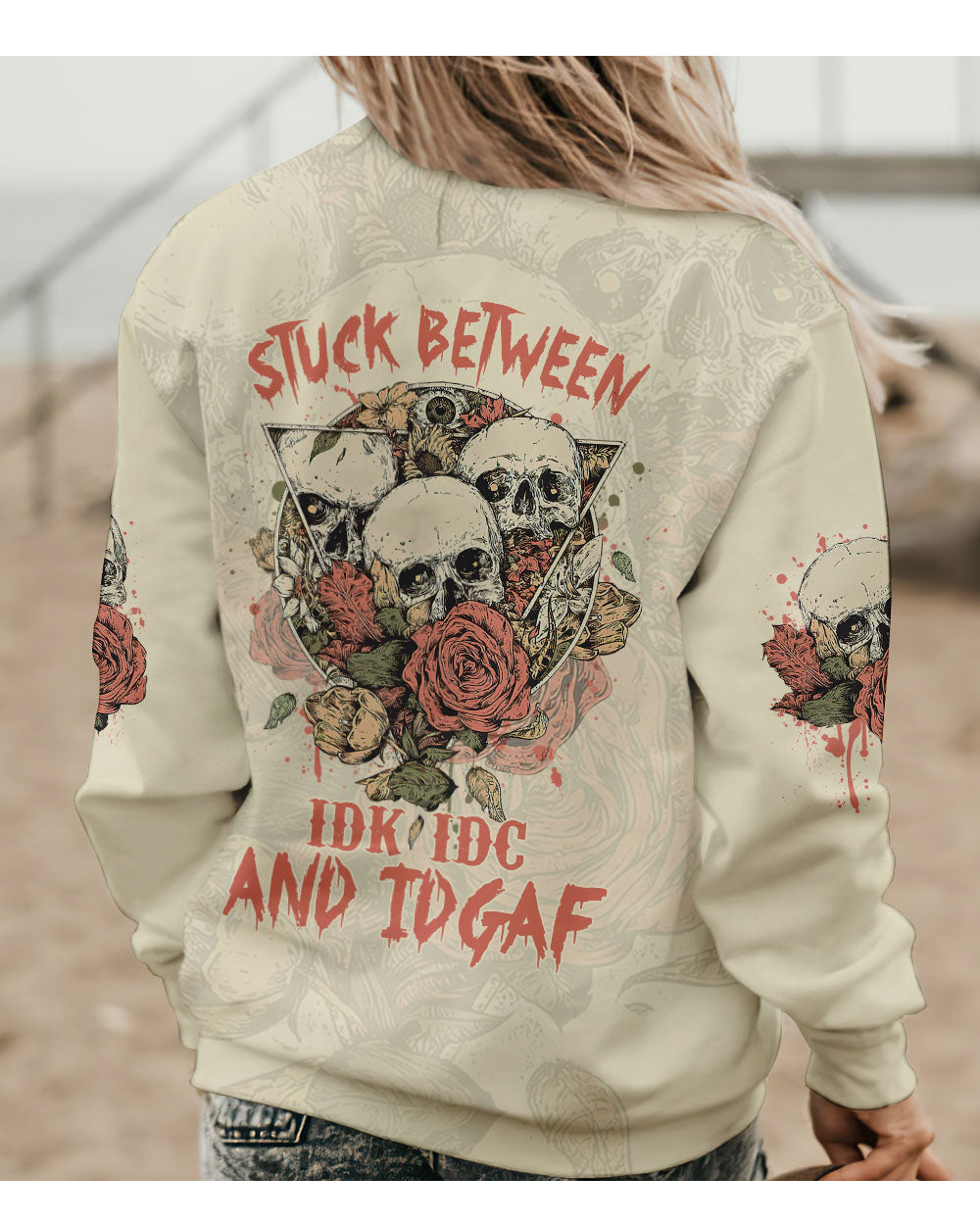 Stuck Between IDK IDC IDGAF Skull Roses All Over Print Sweatshirt