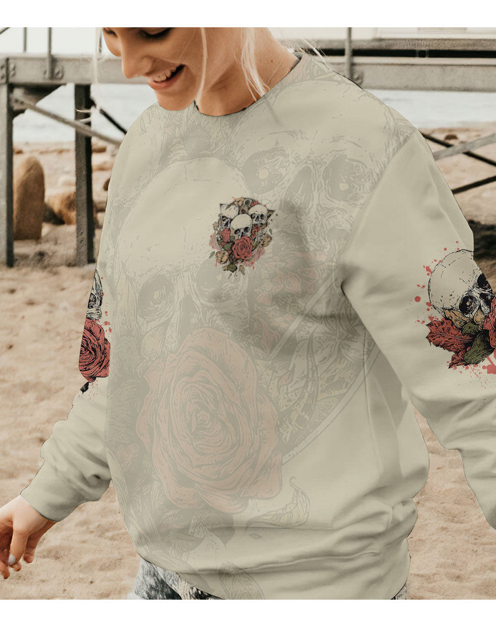 Stuck Between IDK IDC IDGAF Skull Roses All Over Print Sweatshirt