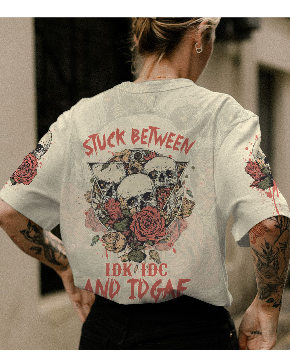 Stuck Between IDK IDC IDGAF Skull Roses T Shirt