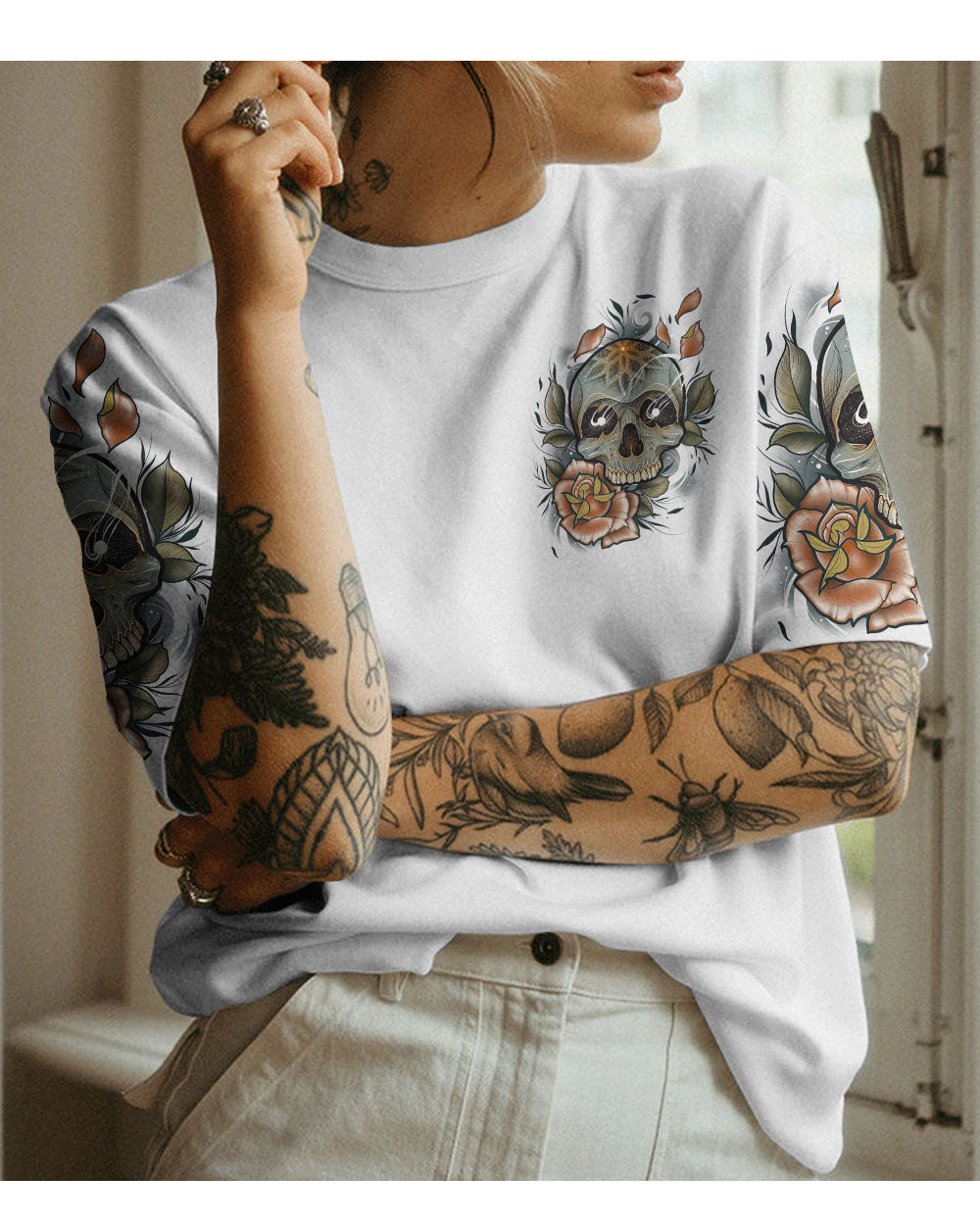 Warning This Tattooed Girl Flower Skull White T Shirt