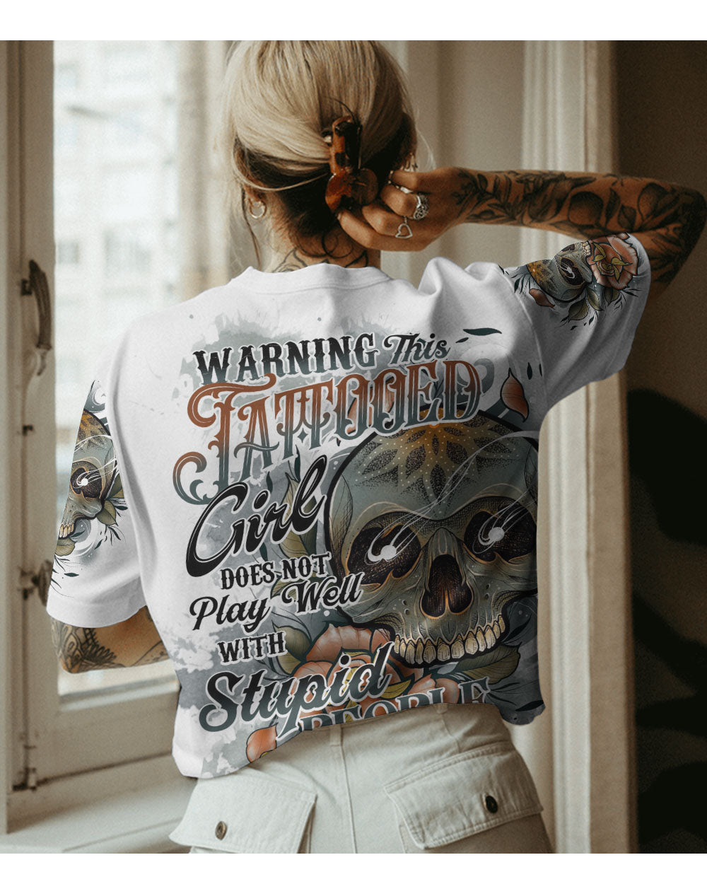 Warning This Tattooed Girl Flower Skull White T Shirt