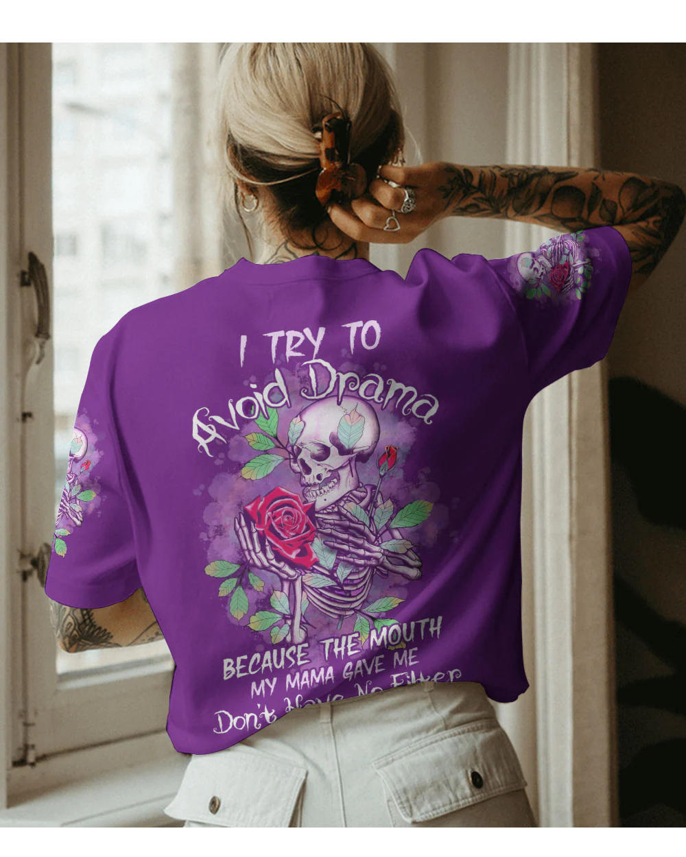 I TryTo Avoid Drama Skull Purple T Shirt