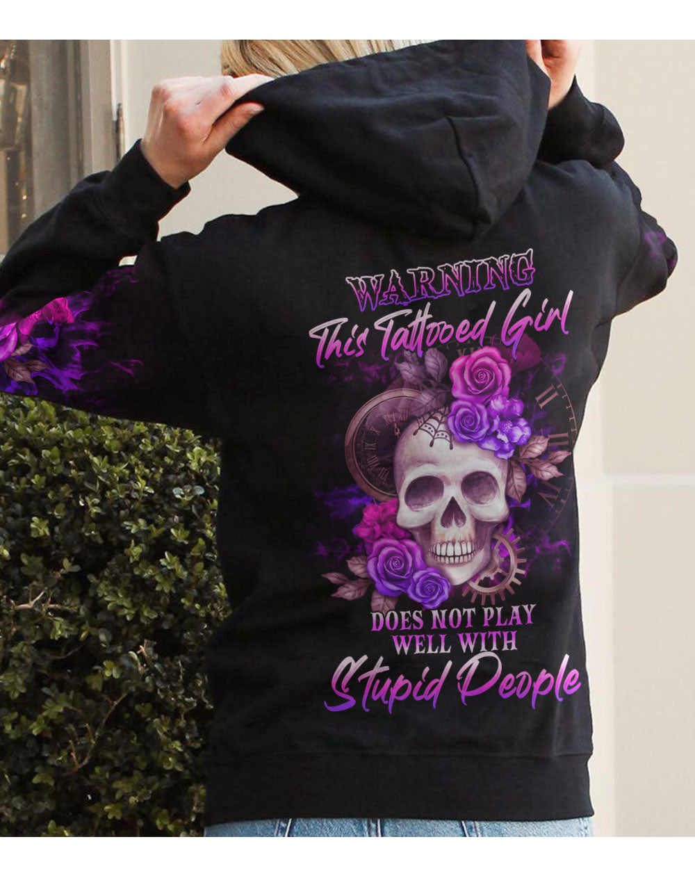 Warning This Tattooed Girl Skull Flowers Black Hoodie