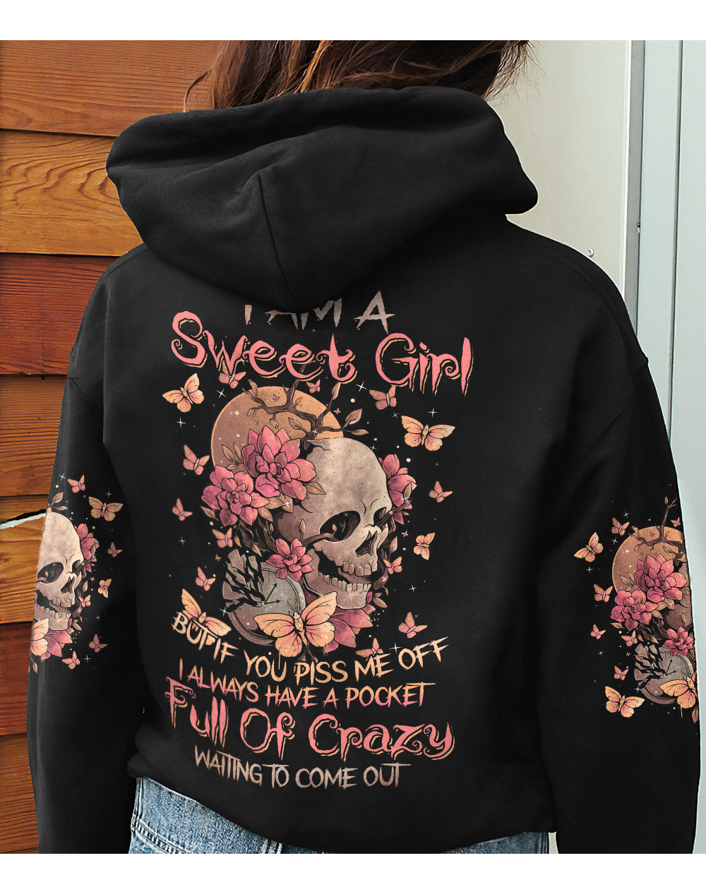 I Am A Sweet Girl Flower Skull Black Hoodie