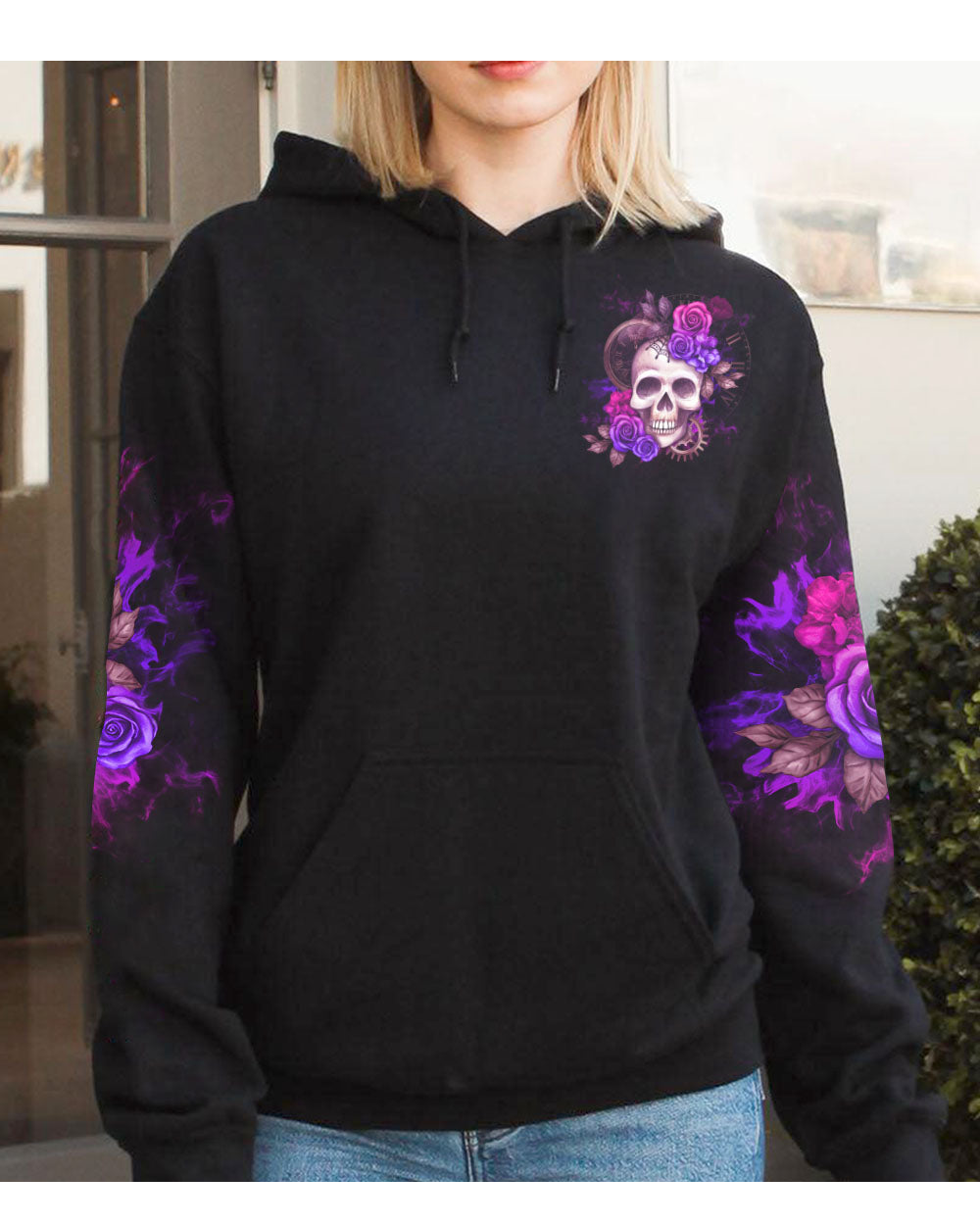 Warning This Tattooed Girl Skull Flowers Black Hoodie