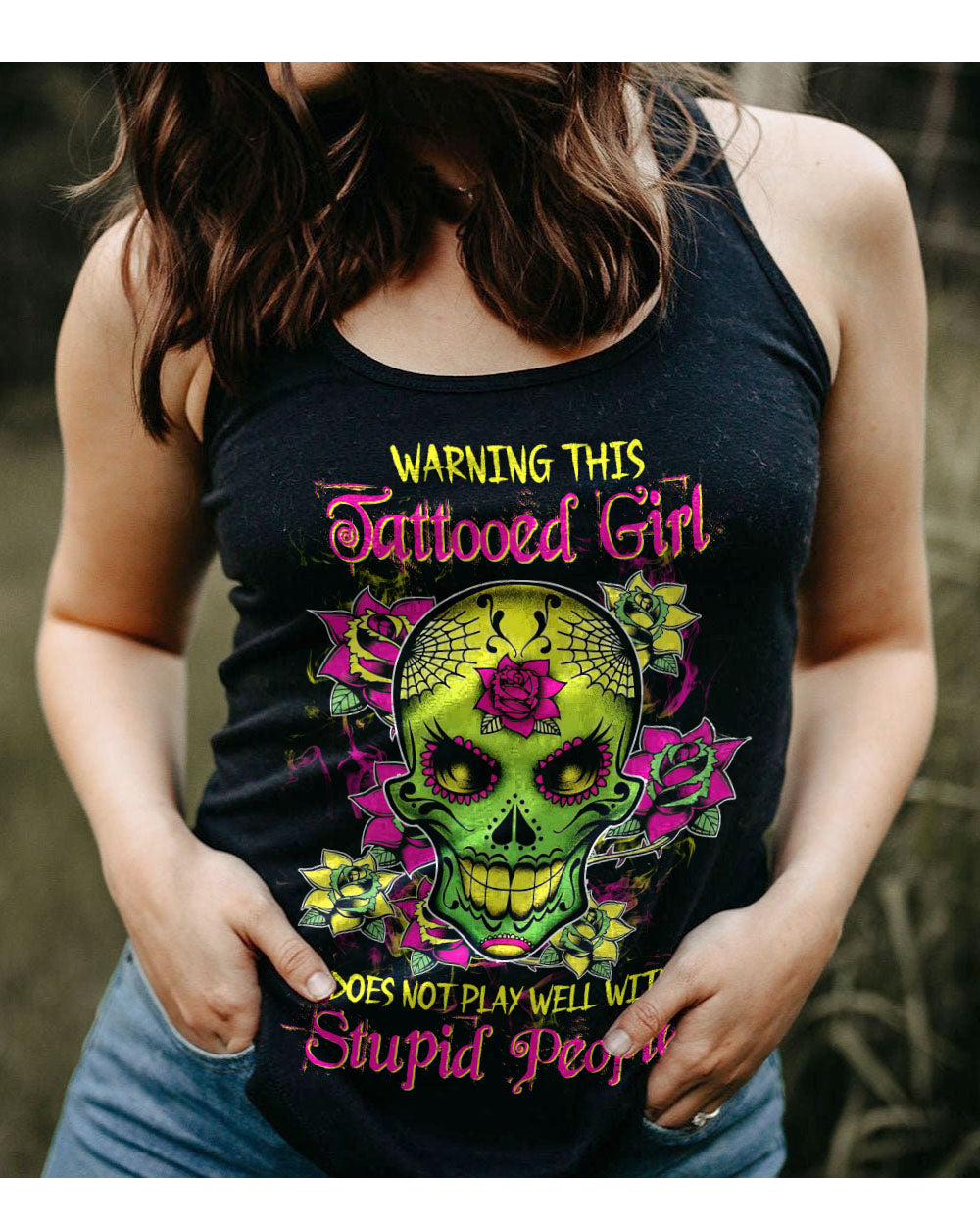 Warning This Tattooed Girl Flower Sugar Skull Tank Top