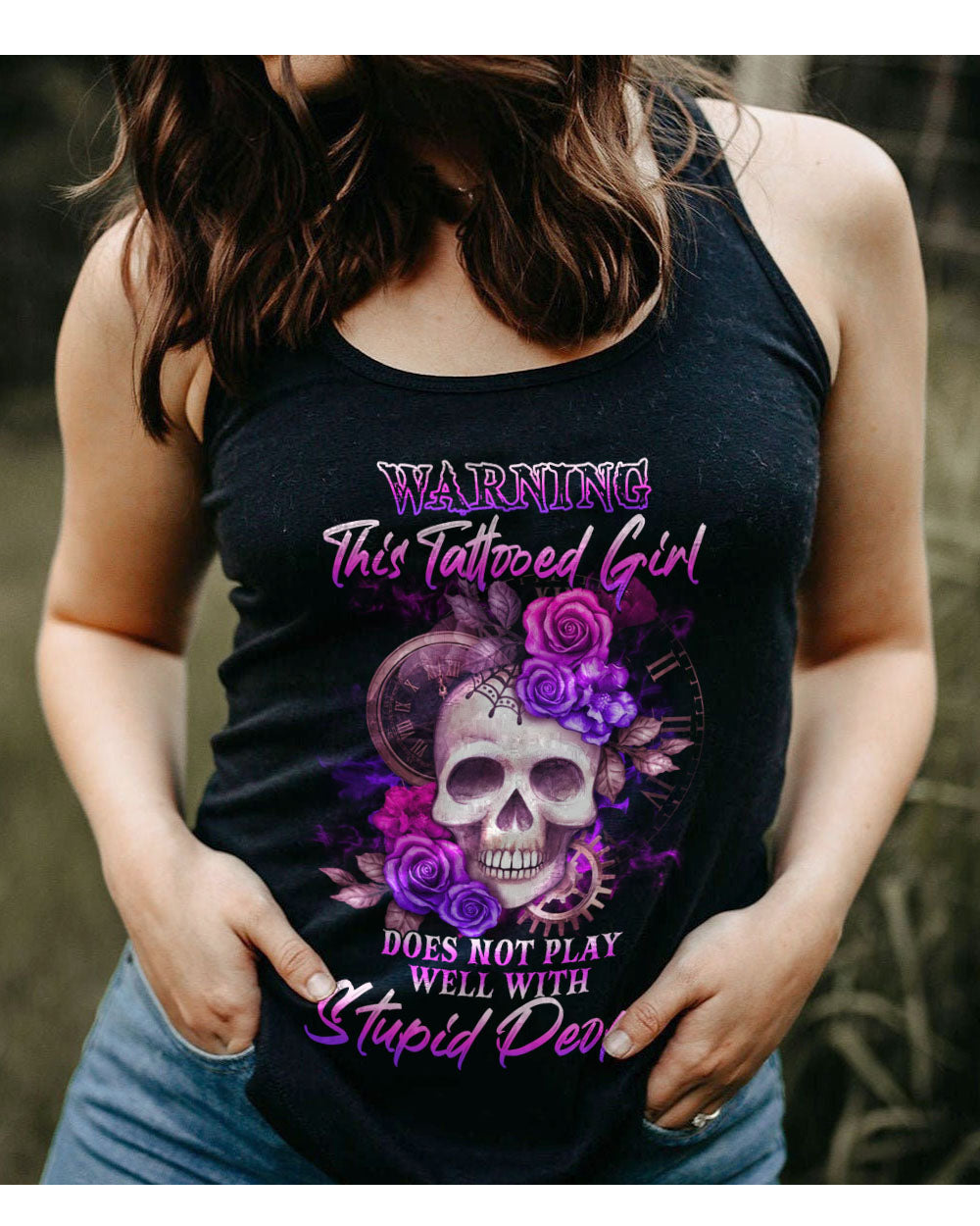 Warning This Tattooed Girl Skull Flowers Black Tank Top