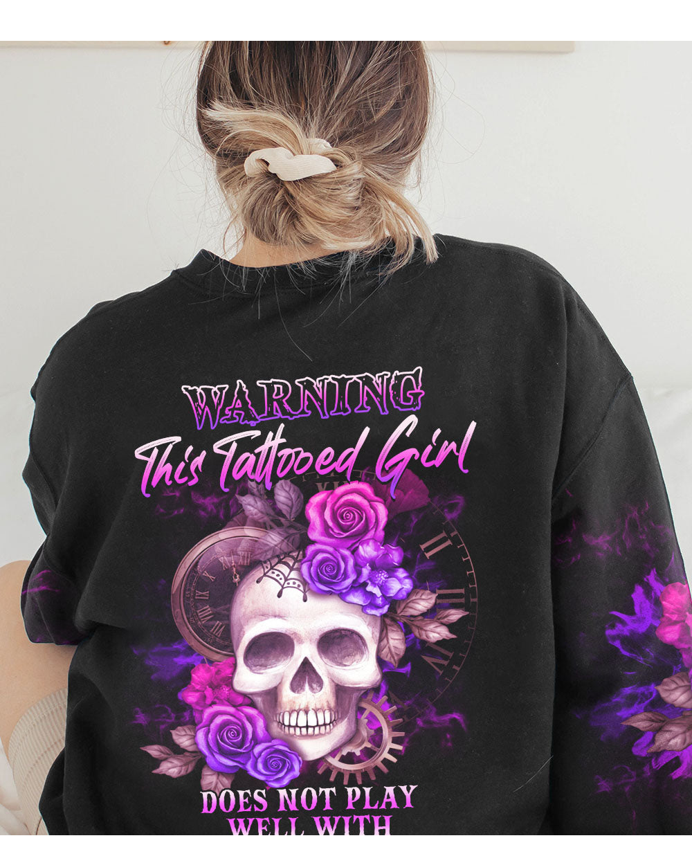 Warning This Tattooed Girl Skull Flowers Black Sweatshirt