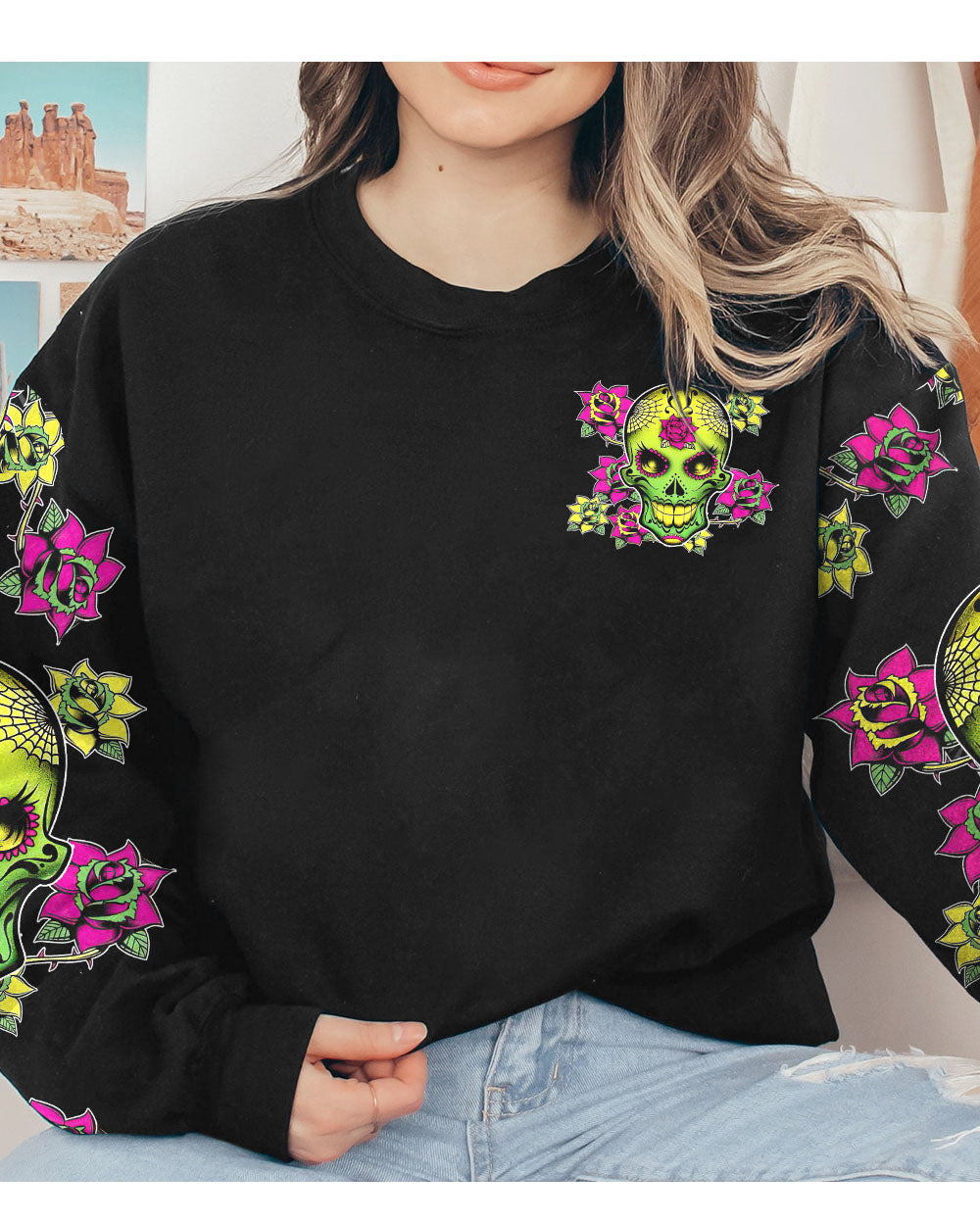 Warning This Tattooed Girl Flower Sugar Skull All Over Print Sweatshirt